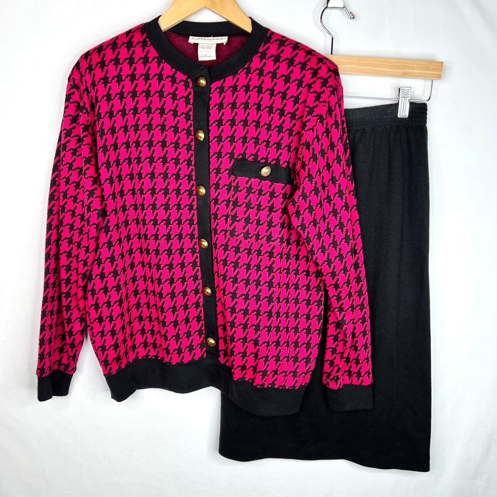 Vintage Cathy Daniels Pink & Black Houndstooth Skirt Suit Medium