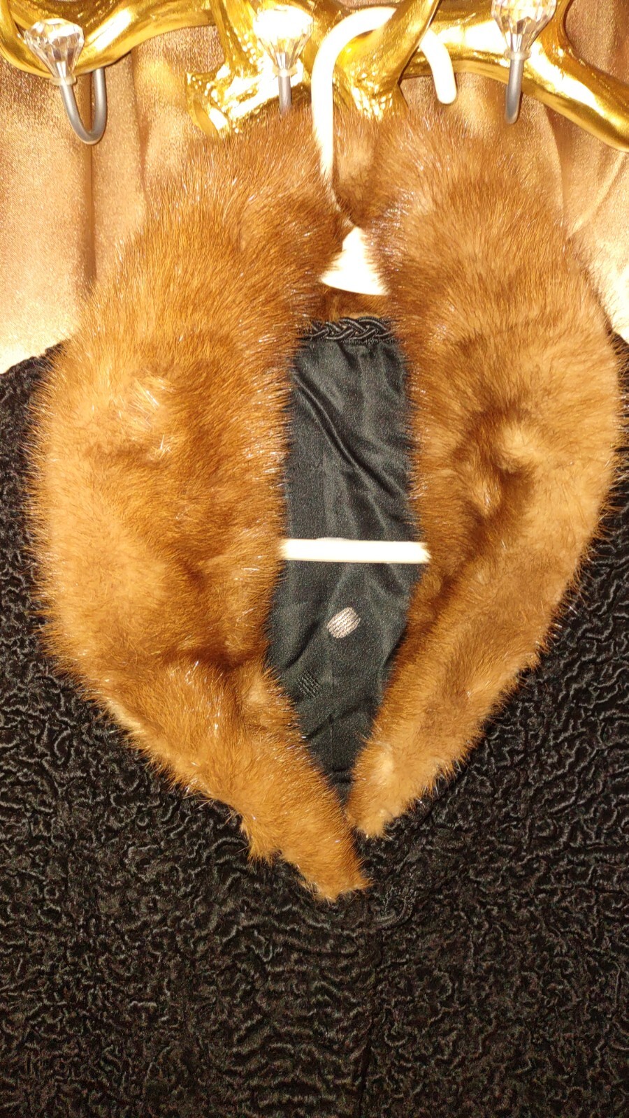 Vintage Persian Black Curly Lamb Wool Coat Brown Mink Fur Collar Satin Monogram