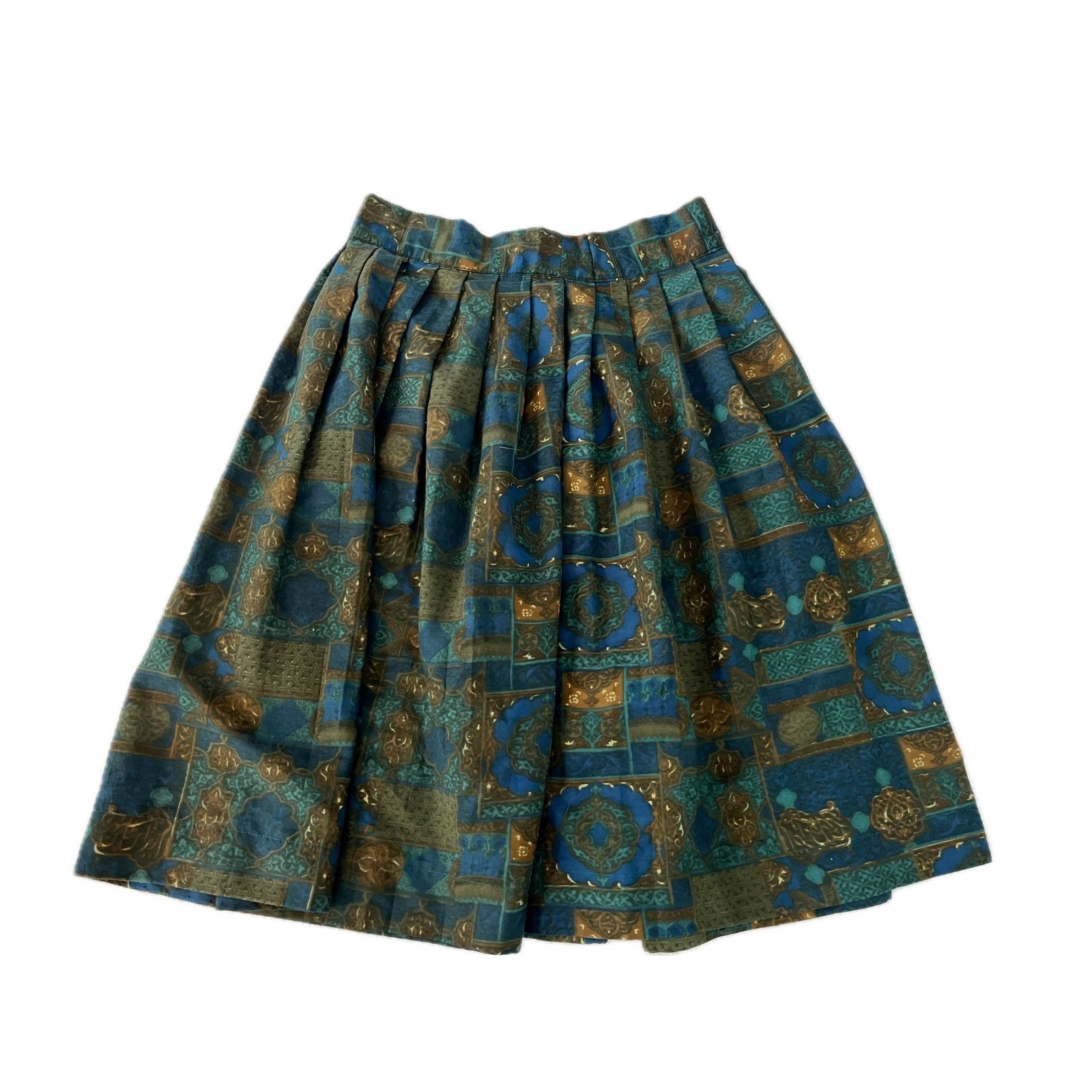 Vintage 70s Handmade Art Deco Geometric Midi Skirt Blue Green Bronze Size S