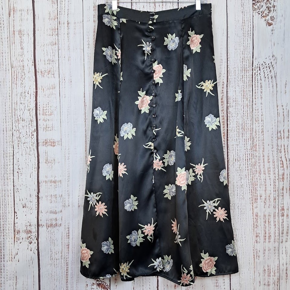 Vtg 90s Impressions of California L Floral Satin Midi Skirt Black Button Front