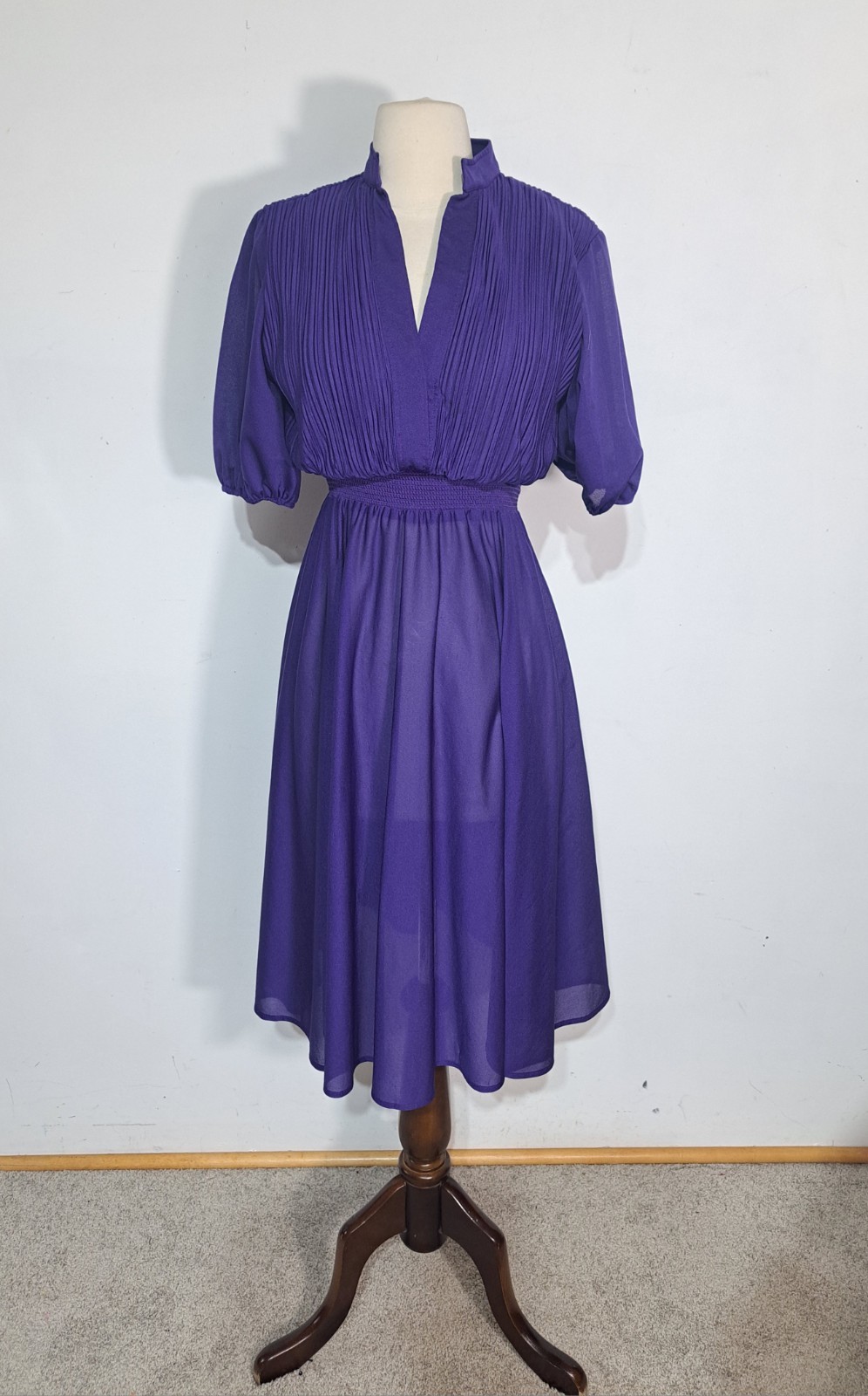 Vintage 1980s Sheer Purple Dress Pleated Bodice Samuel Blue Gathered Waist Sz S