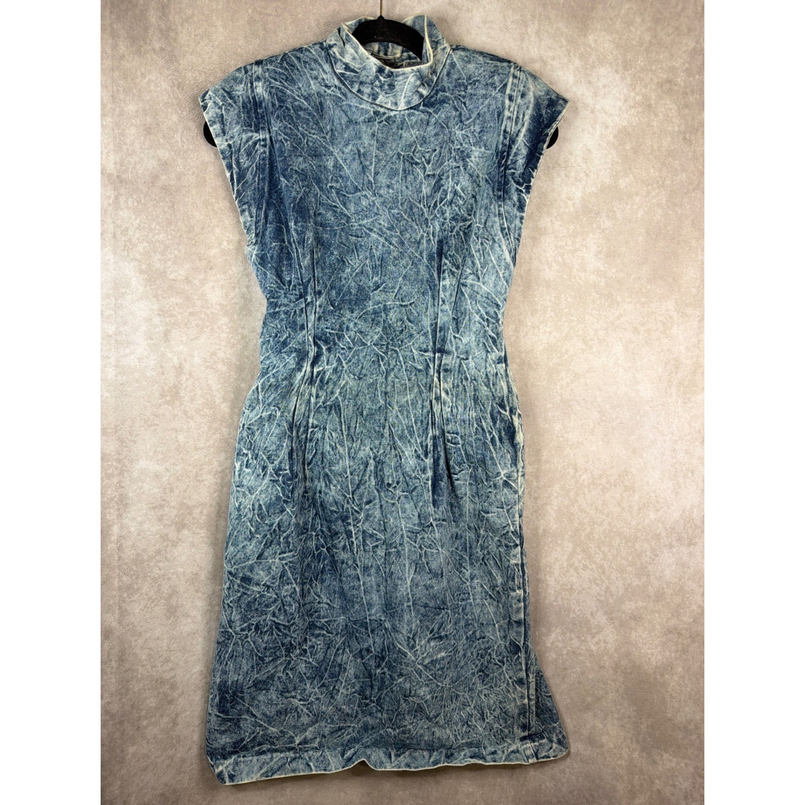 Rampage Dress Women Size 9 Blue Acid Wash Denim Vintage 80s Mock Neck Open Back