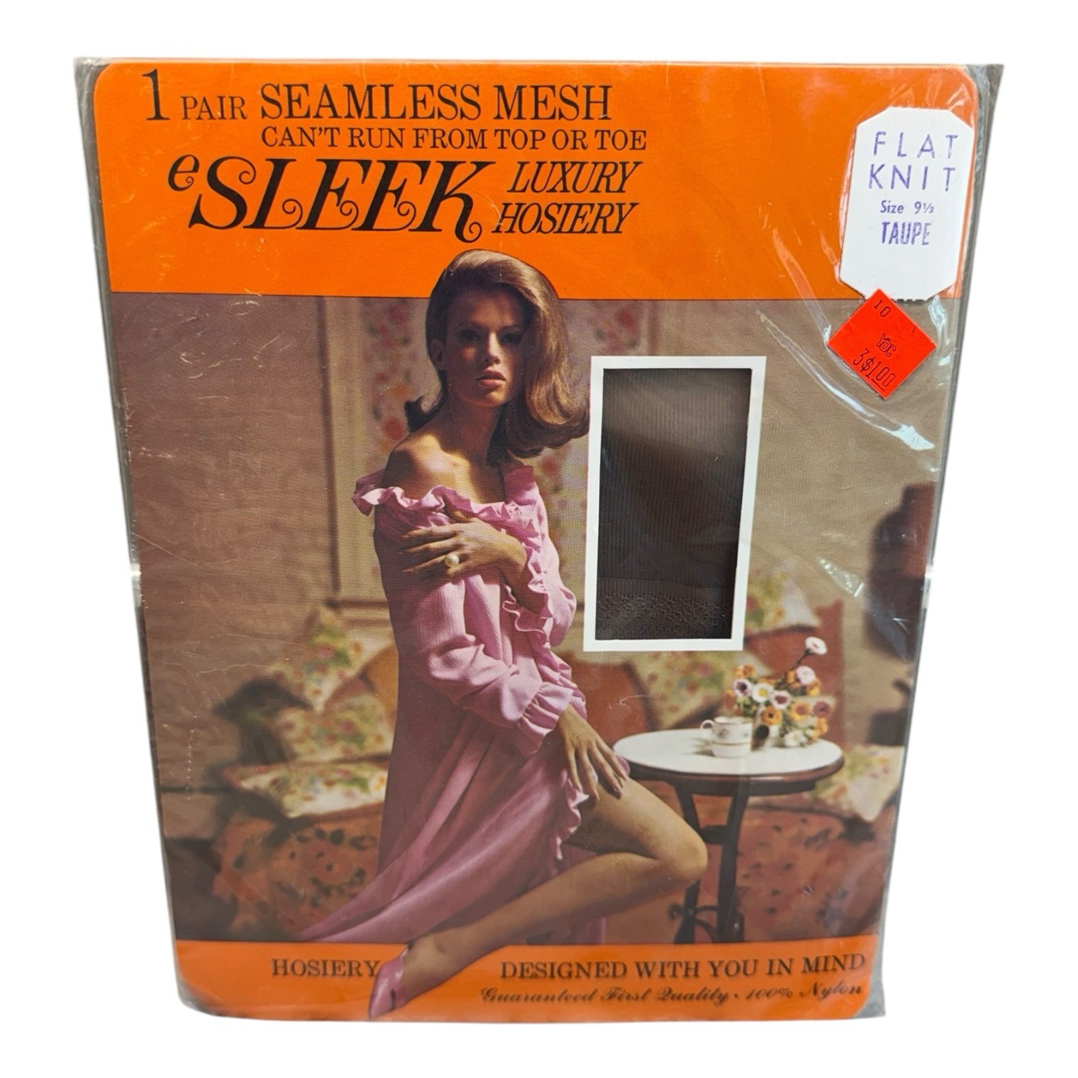 Vintage Sleek Seamless Flat Knit Luxury Stockings Taupe Size 9 1/2