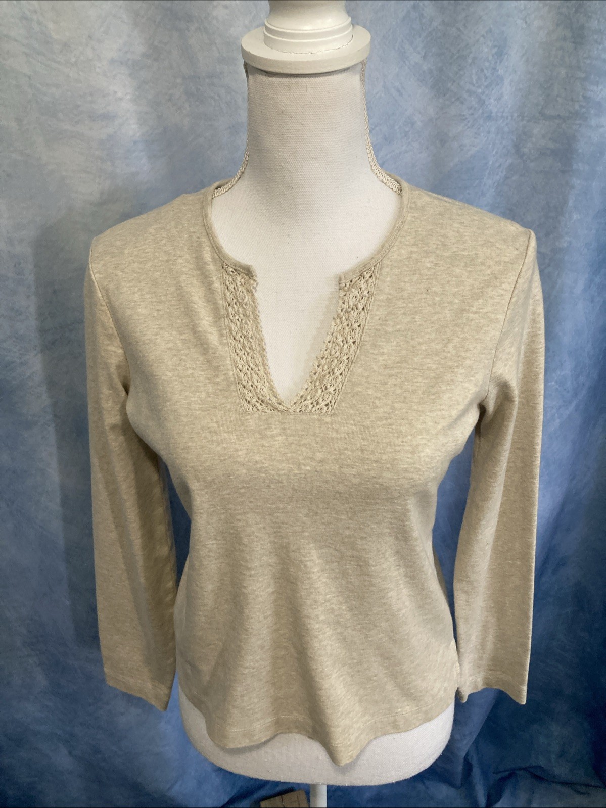 Vtg 90s Y2K Ann Taylor Knit Baby Tee Crochet Lace V Neck Beige Shrunken Cotton M