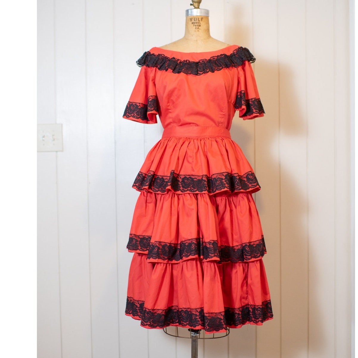 Vintage 50s 60s Square Dance Set, Red Black Lace Ruffle Skirt & Blouse, Fiesta S