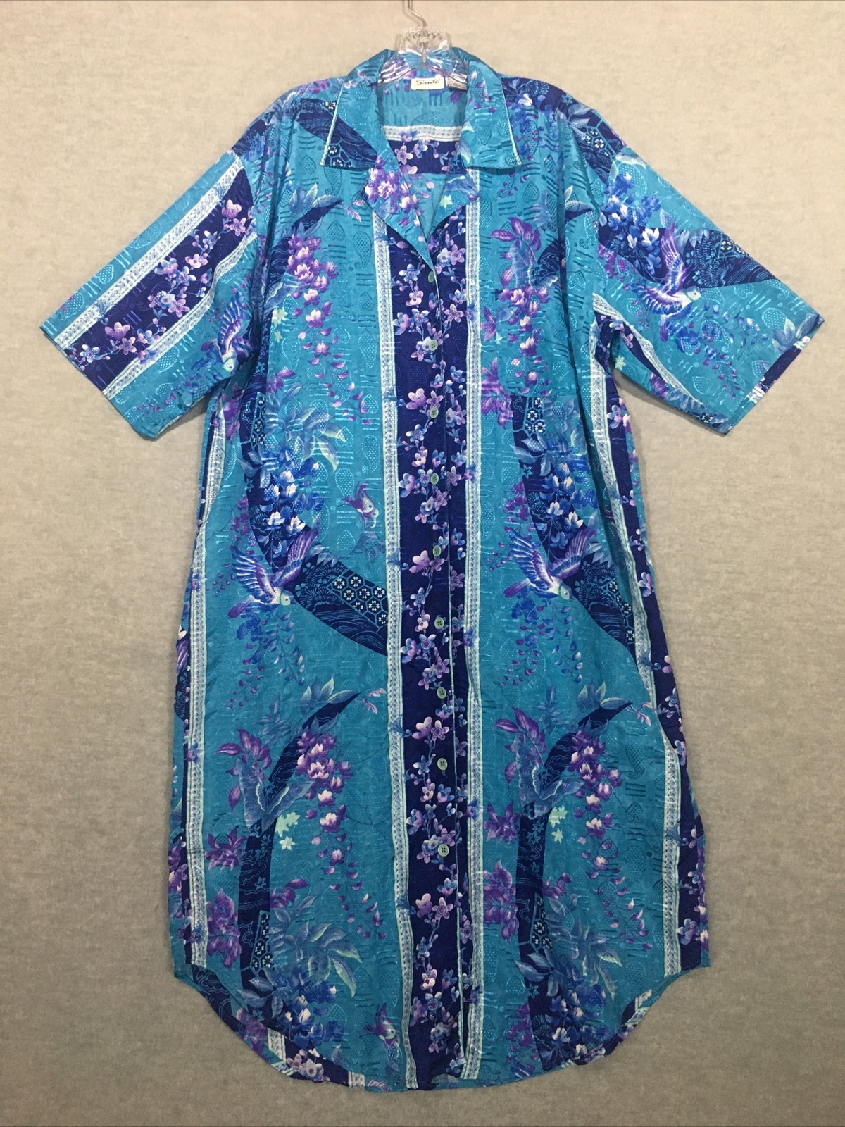 Vtg SANTE Housecoat Blue Floral Satin Kaftan Button-Up 70s 80s Missy One Size