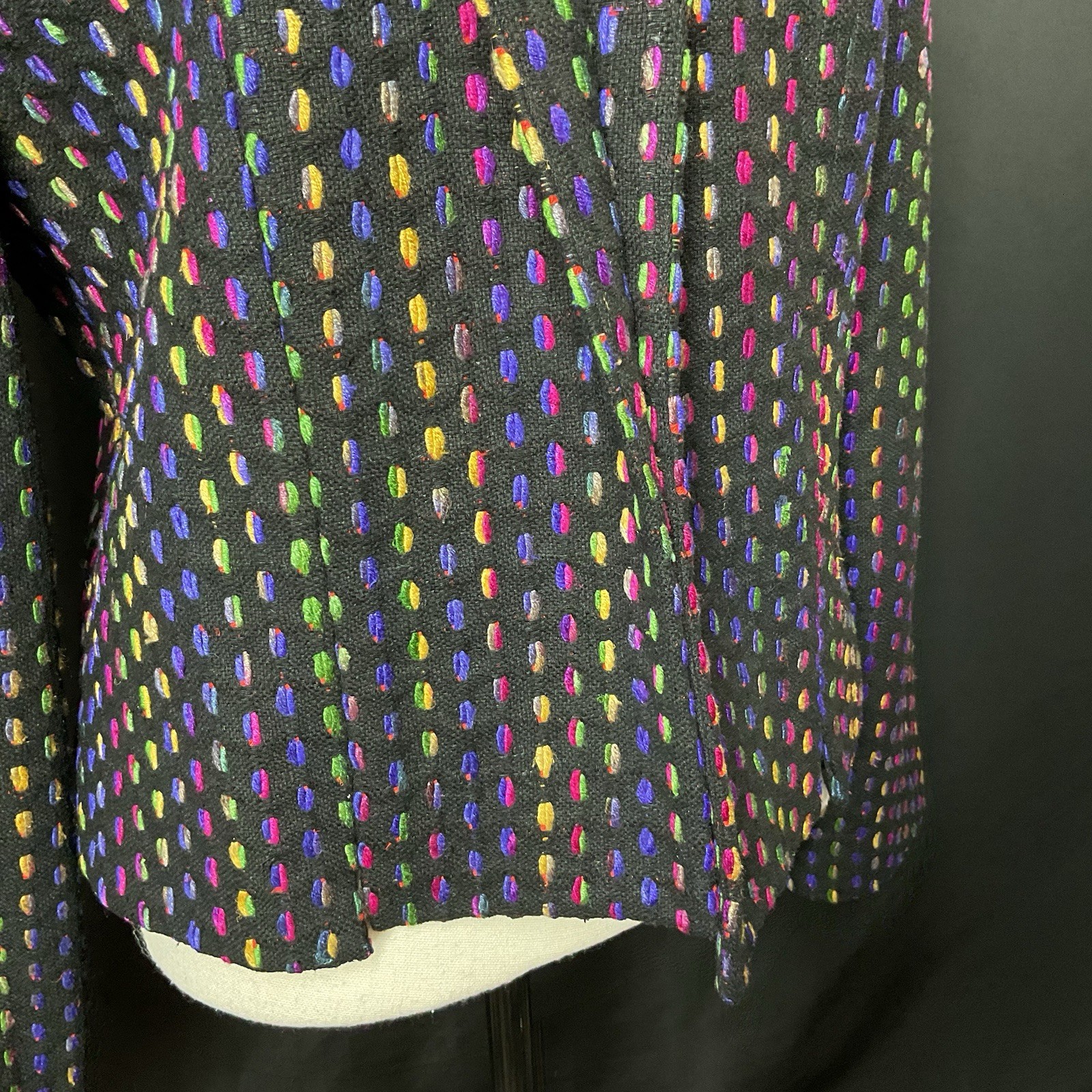 VTG Ann May 100% Silk Blazer Black Multi Color Size 8 Lined Shoulder Pads Retro