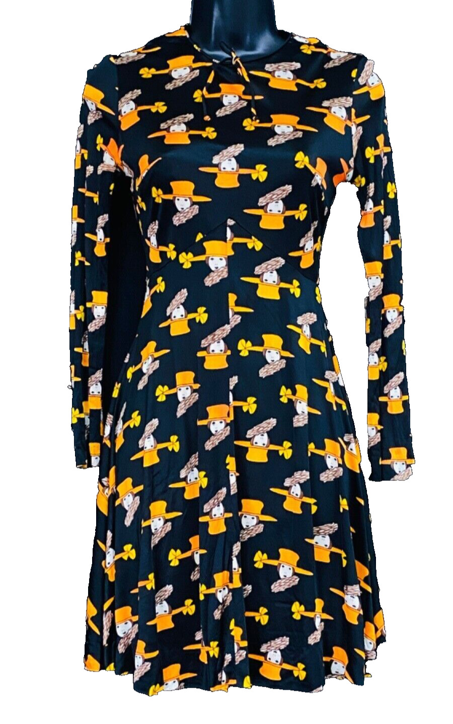 Vintage 1970s novelty print mini dress, lady face orange hat black nylon XS