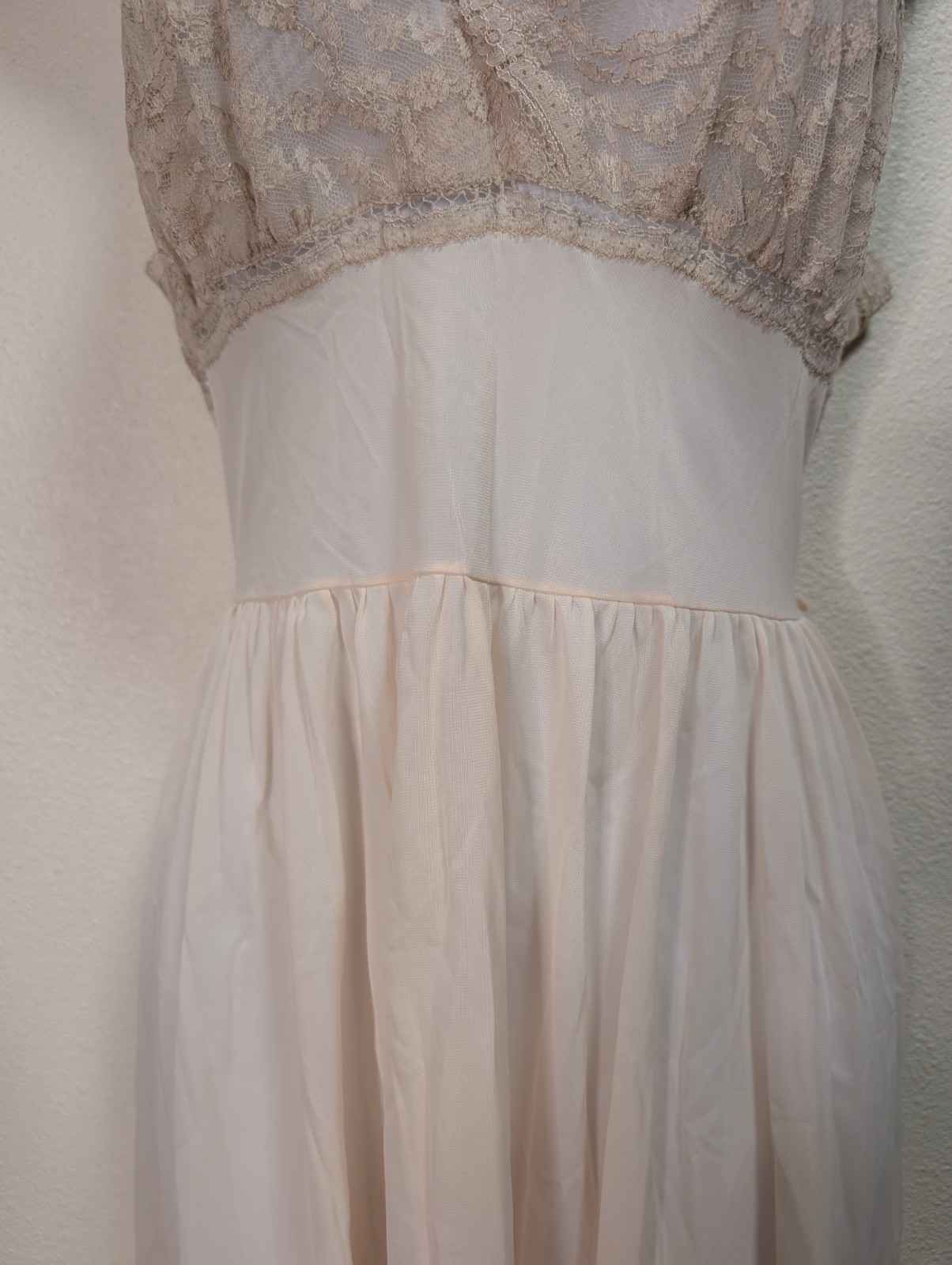 Vintage Blush Peach Lace Chiffon Gown Bardot Style Romantic Bridal Lingerie Slip