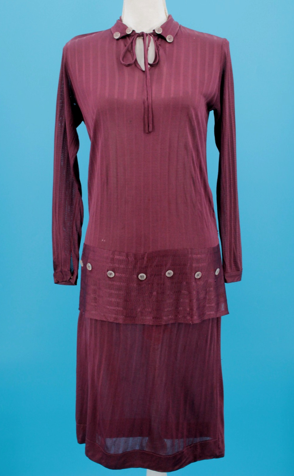 VTG Women’s 20s Plum Drop Waist Jersey Knit Dress W/ Button Trim Sz S 1920s