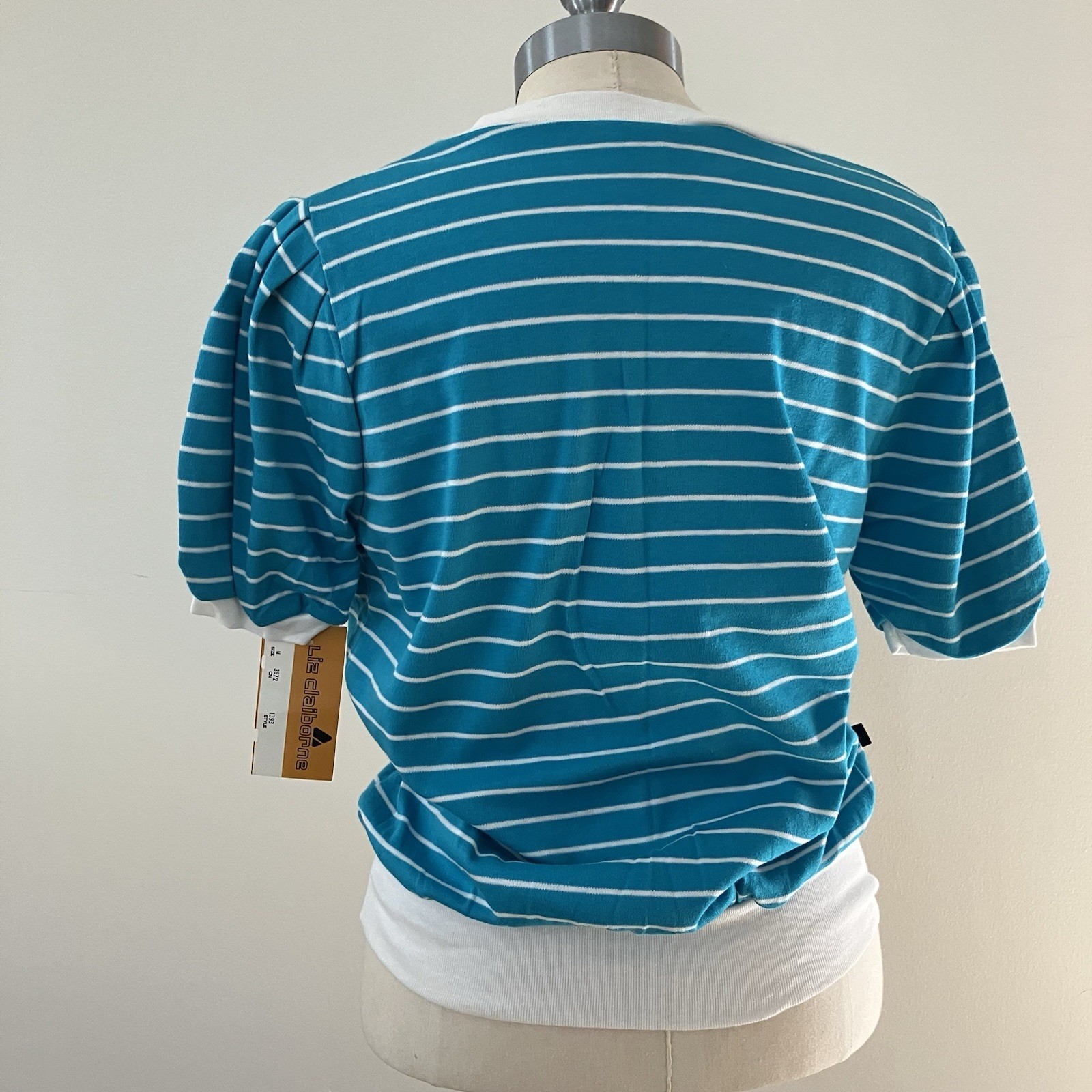 VTG 90s Women’s Striped V-neck Tennis Tshirt Sz. M Teal White Puff Sleeve NOS