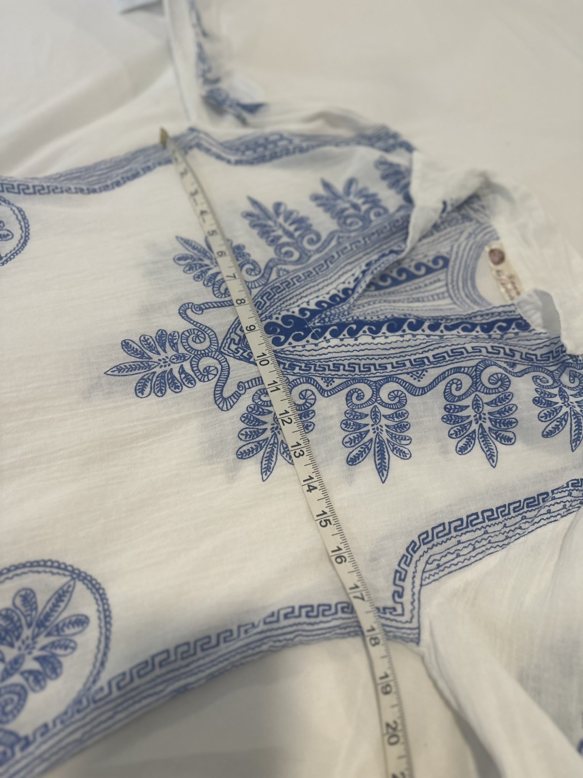 VTG 70s Yannis Nafpliotis White Blue Linen Hellenic geometric Print Gauze Boho