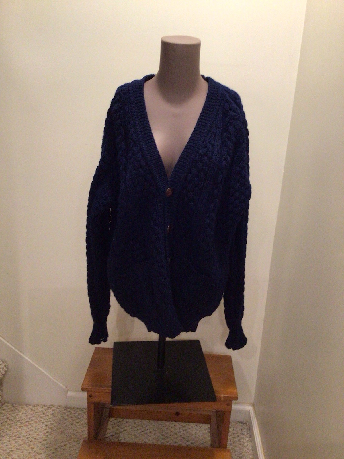 Patrick McGuire Pure Wool Cardigan Sweater Blue Medium Made In Ireland See Pics