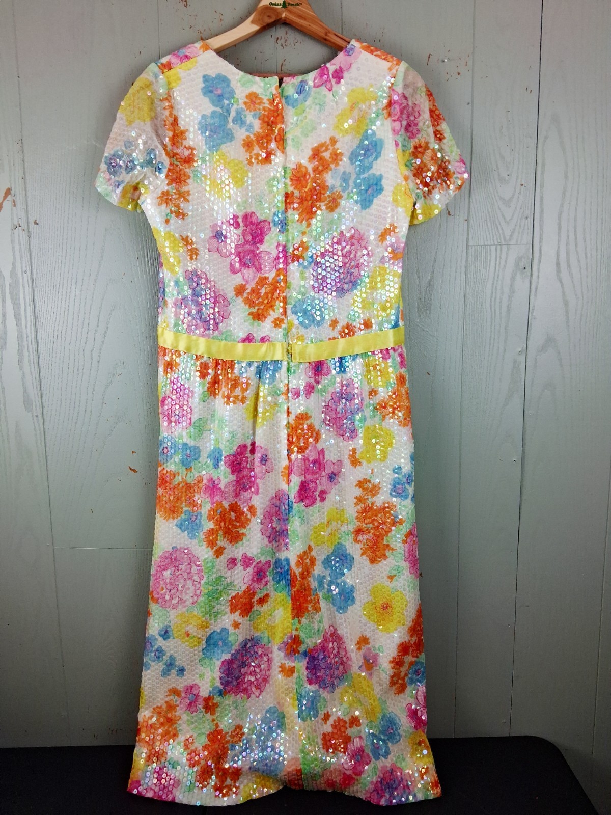 Vintage 60s Nat Kaplan Couture Sequin Dress M Dopamine Floral Shift Belted Brigh
