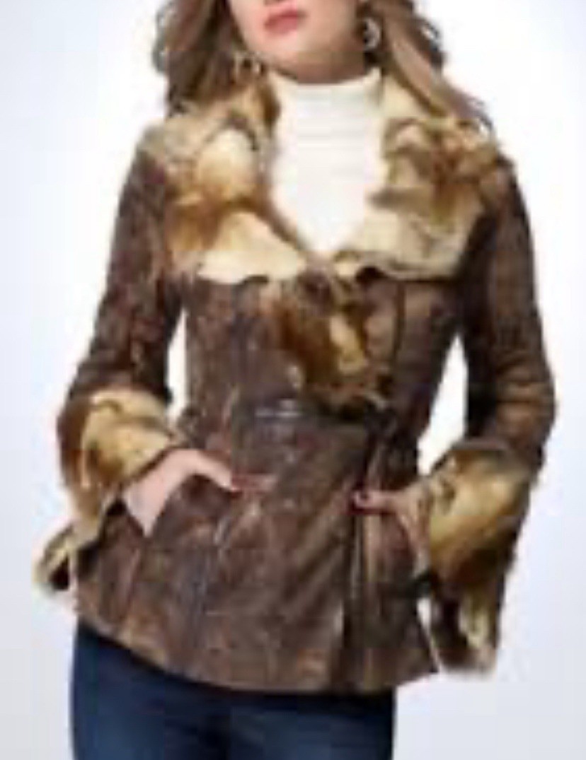 VTG Y2K CACHE Multi Brown Faux Leather Rose Embossed Faux Fur Trimmed Jacket XS