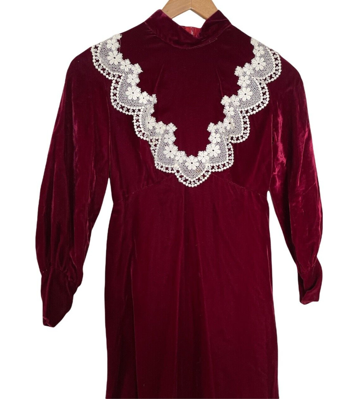 Vintage 70s Maxi Dress XXS Red Velvet Lace Trim High Neck Empire Waist Victorian