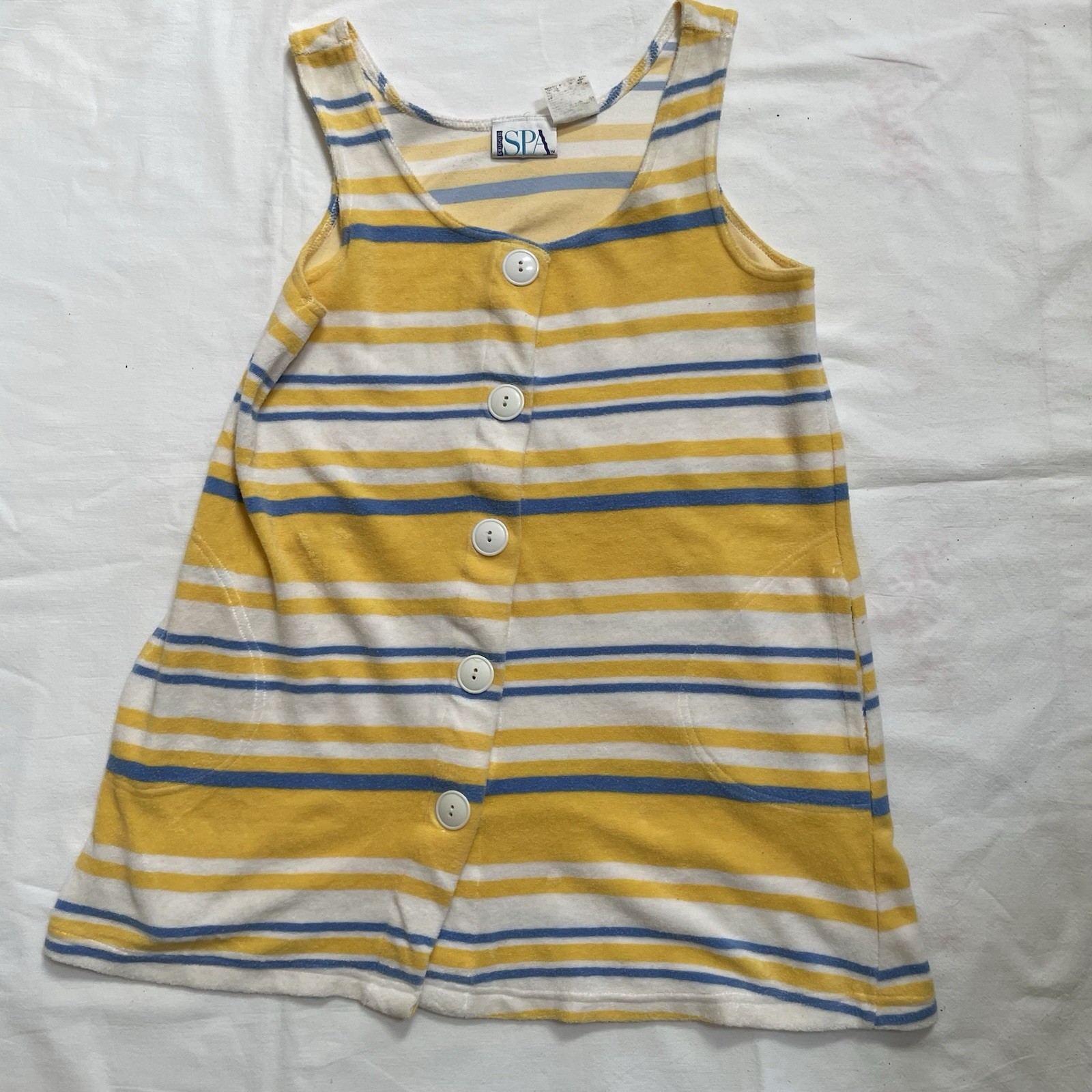 Vtg SPA 70s 80s Terry Cloth Cover Up Dress Medium Yellow Blue Striped Beach Pool