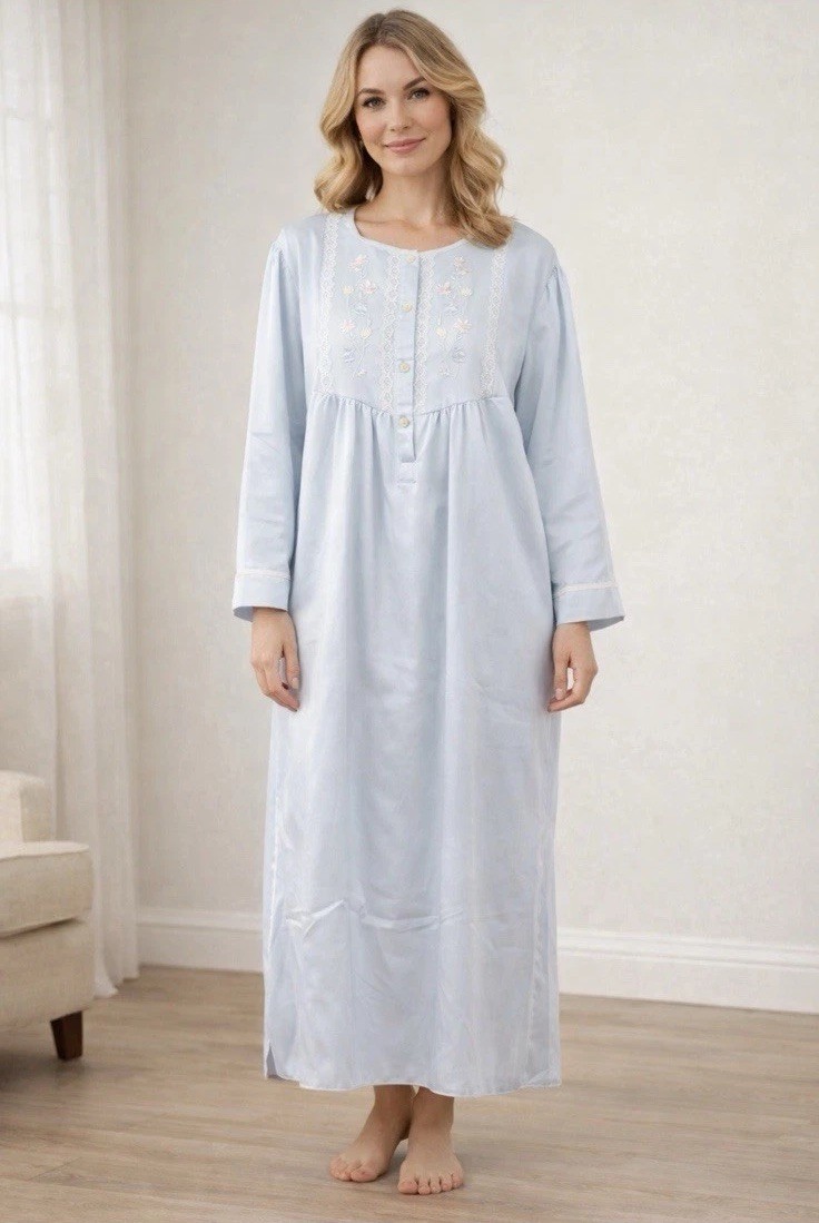 Vintage Miss Elaine XL Granny Long Nightgown Gown Lt Blue Embroidered Lace NWT