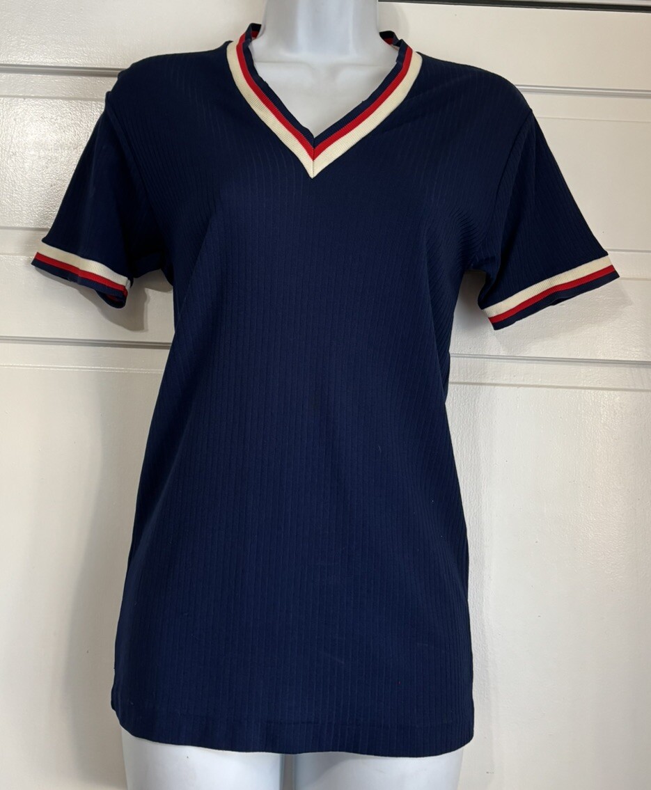 Vintage 70’s Retro Red, White & Blue Nylon Knit Pullover Shirt Women Small