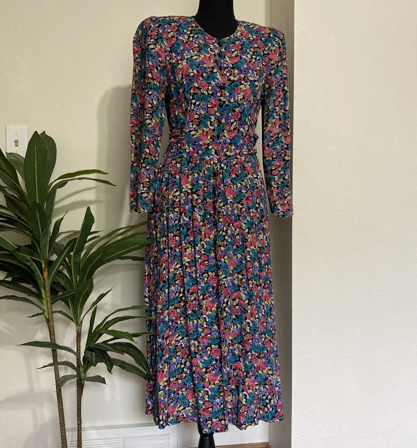 Michelle Stuart VTG 80/90s Floral Rayon Midi Dress Cottagecore Tie Back 6 Petite