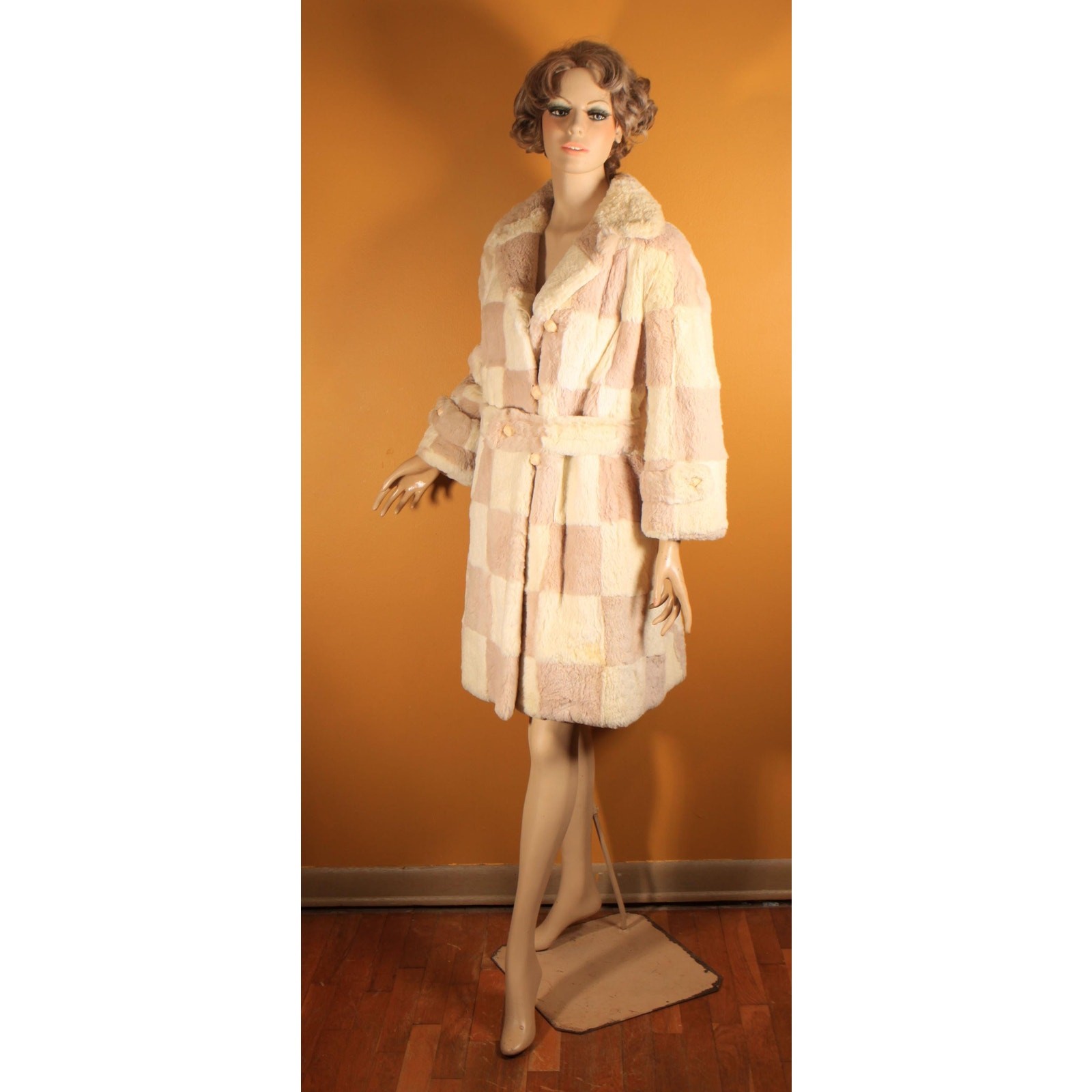 1960s Light Pink and White Sheared Dyed Chinchilla Fur Checkerboard Coat