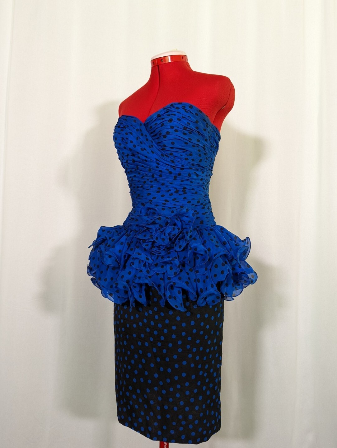 Aj Bari Vintage 80s Couture Polka Dot Blue Black Ruffle Party Dress 32″ Chest US