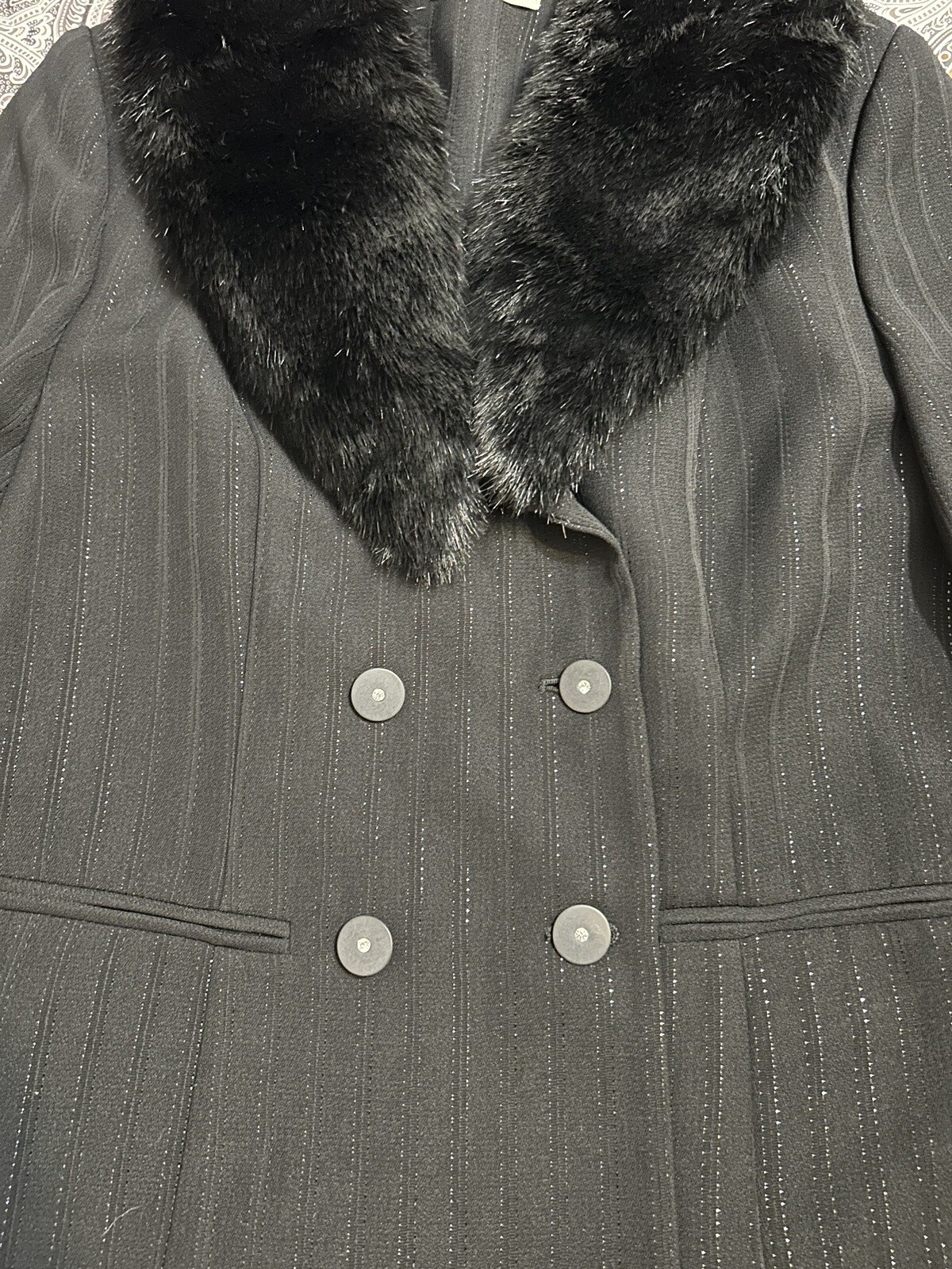 Vntg Amanda Smith Black Double Breasted Blazer Faux Fur Detachable Collar•Sz 6
