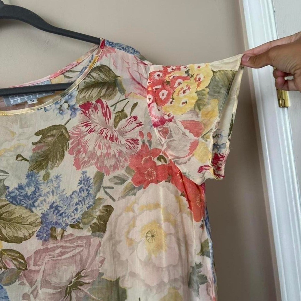 Vintage 80s/90s floral blouse semi sheer blue yellow pink flower rose
