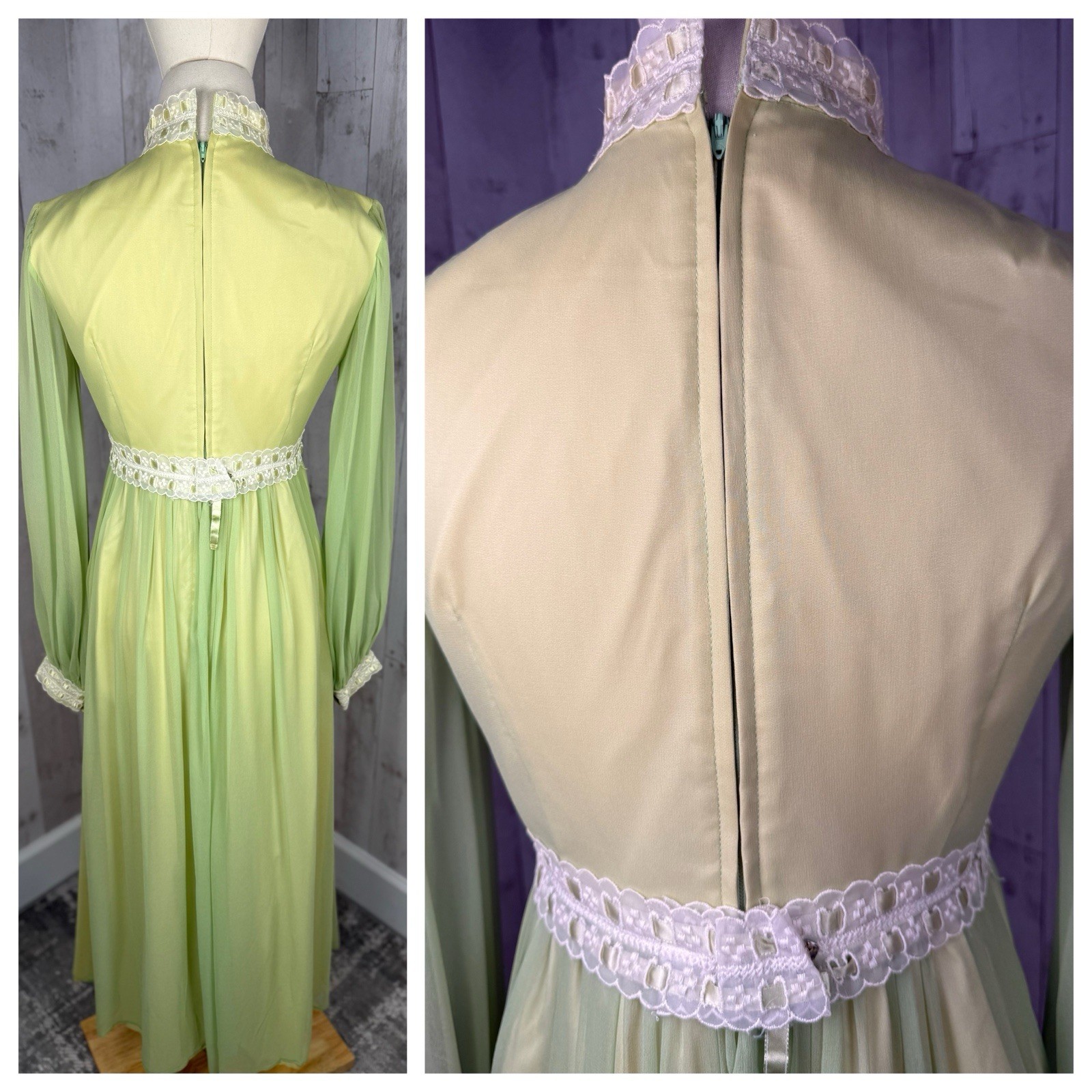 Vintage 1970s Lorrie Deb Gown Silk Chiffon Spring Green Dress Lace Maxi Jrs S/2