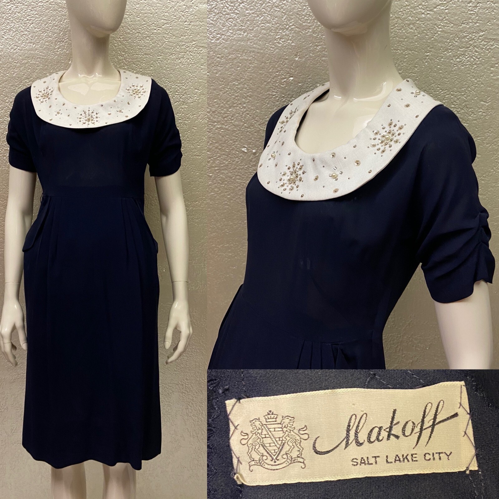 Vintage 1940s Ladies MAKOFF Navy Blue Pocket Dress with Sequin Collar Wiggle