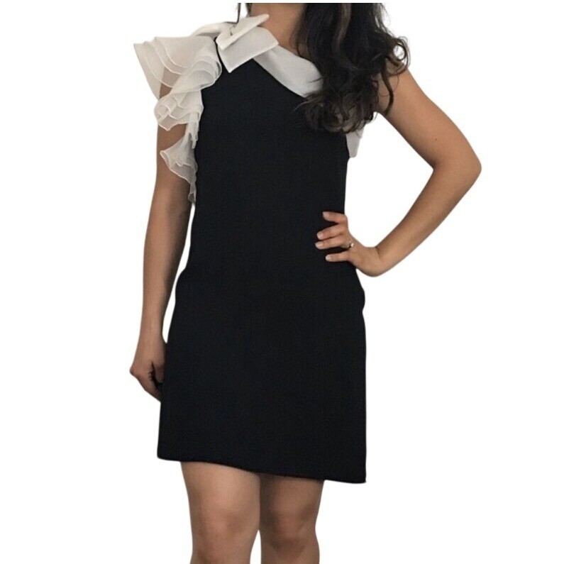 Vintage 70s One Shoulder Organza Dress Black White Party Womens XS