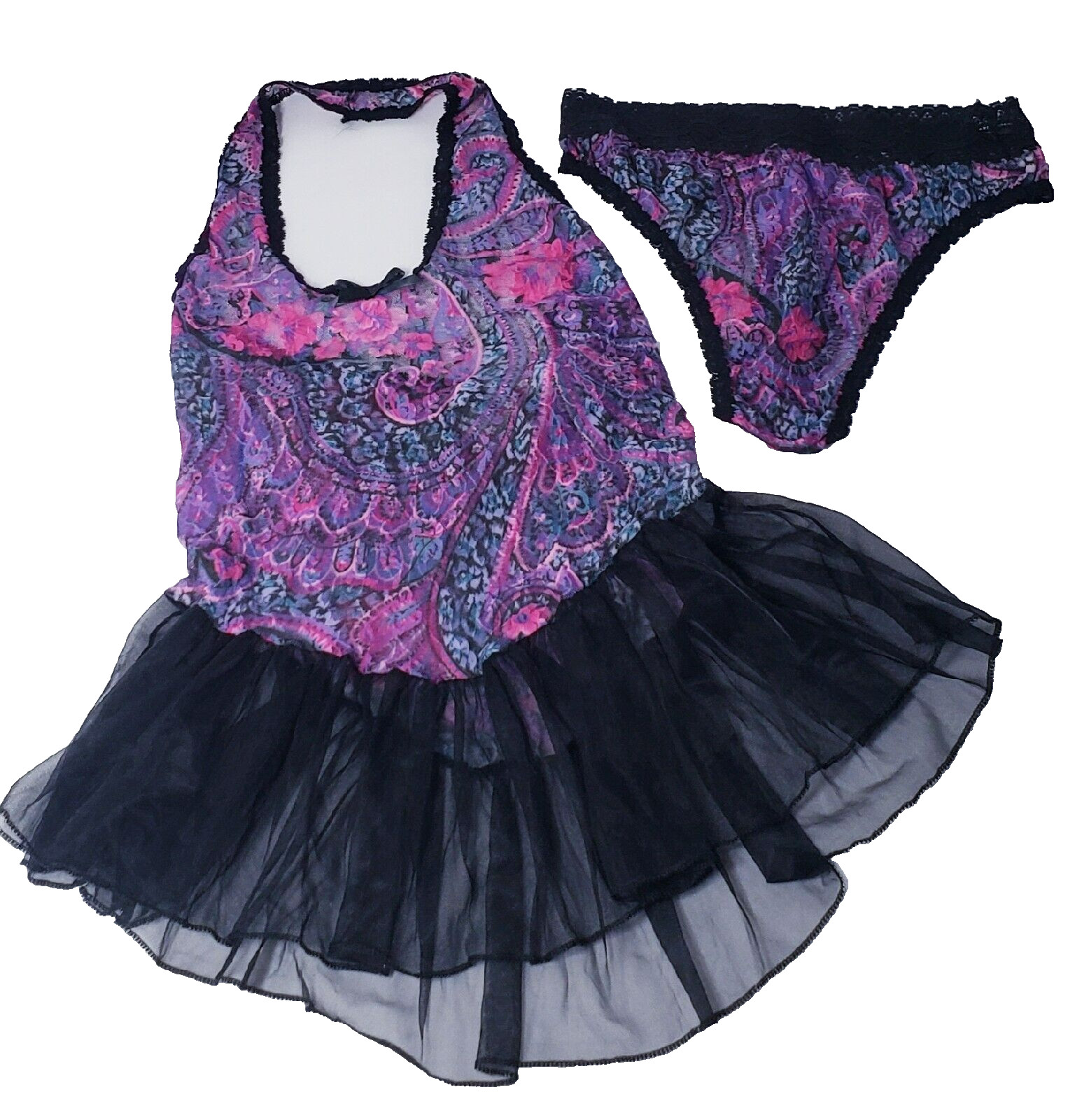 VTG Nancy King Women Lingerie Halter Babydoll & Thong Set Lace Paisley S/M Retro