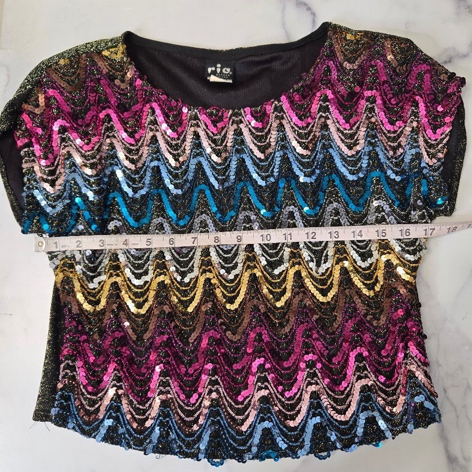 Vintage Sequin Glittery Crop Top Womens Black Multi Zig Zag Metallic Disco Glam