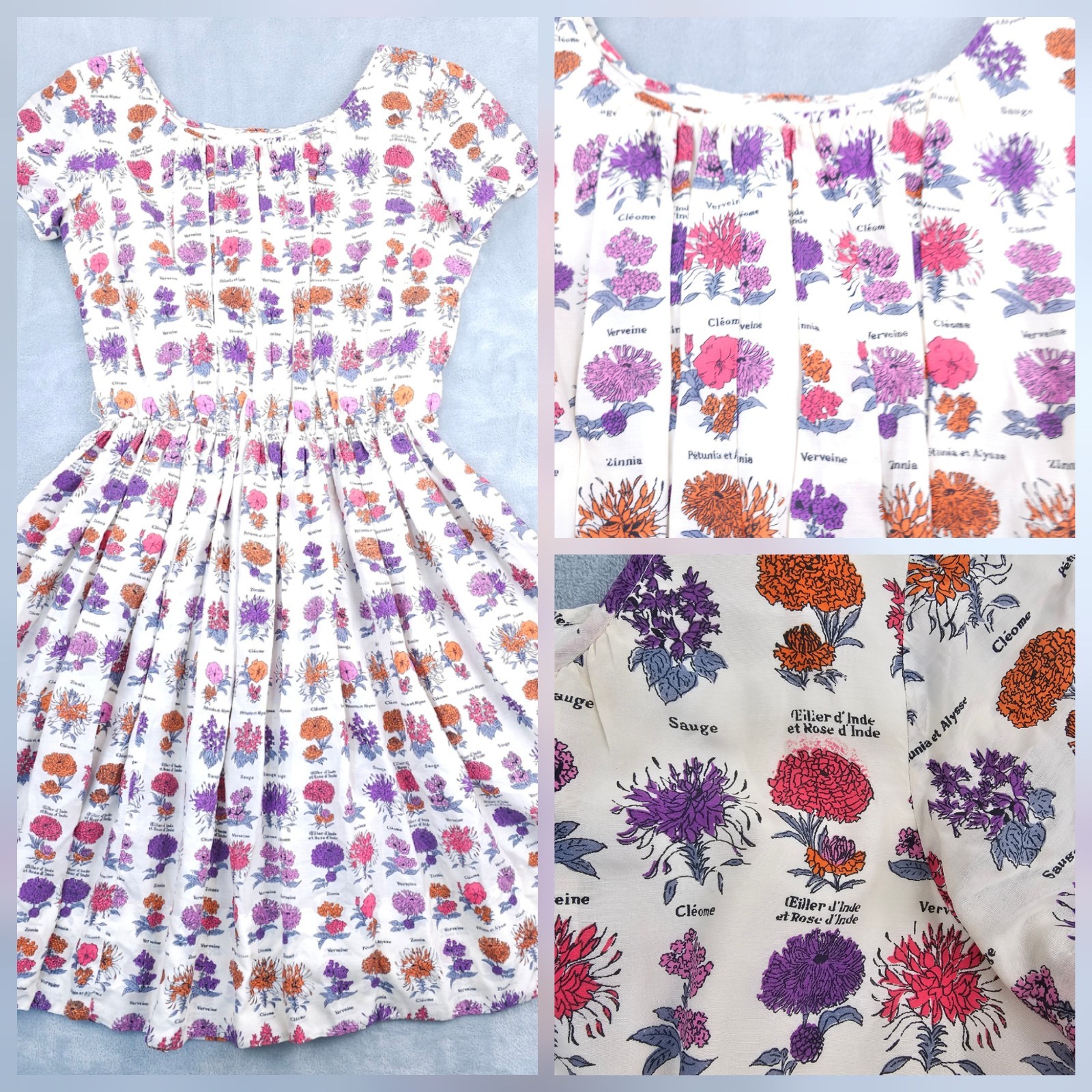 Vtg Silk Botanical Floral Print Day Dress Small 1950s Cottage Zinnia French Pink