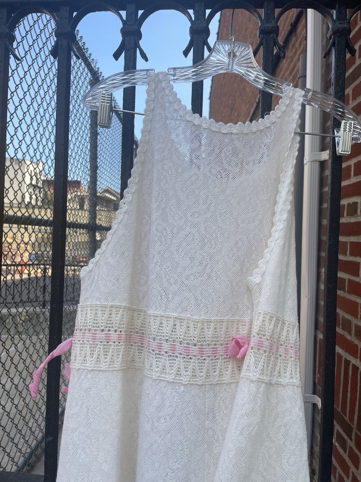 Vintage HANRO Switzerland Long Maxi White Paisley Lace Sheer Knit Bow Dress 44