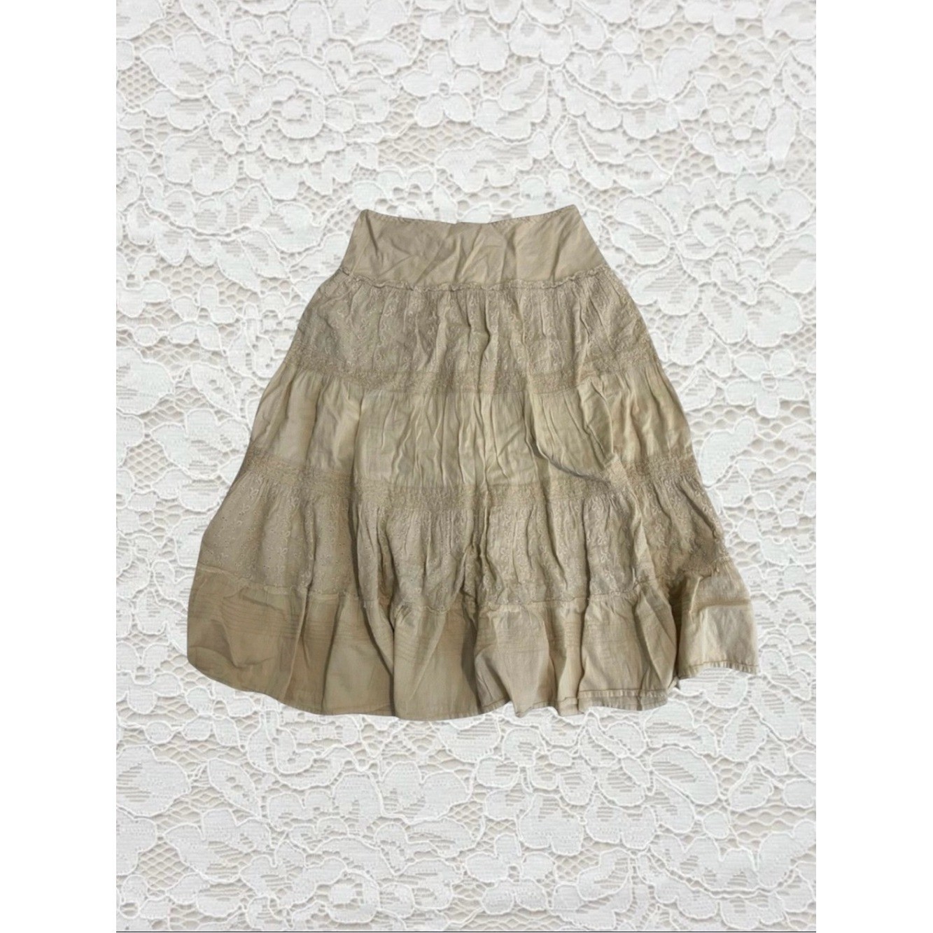 vintage cream embroidered eyelet midi skirt