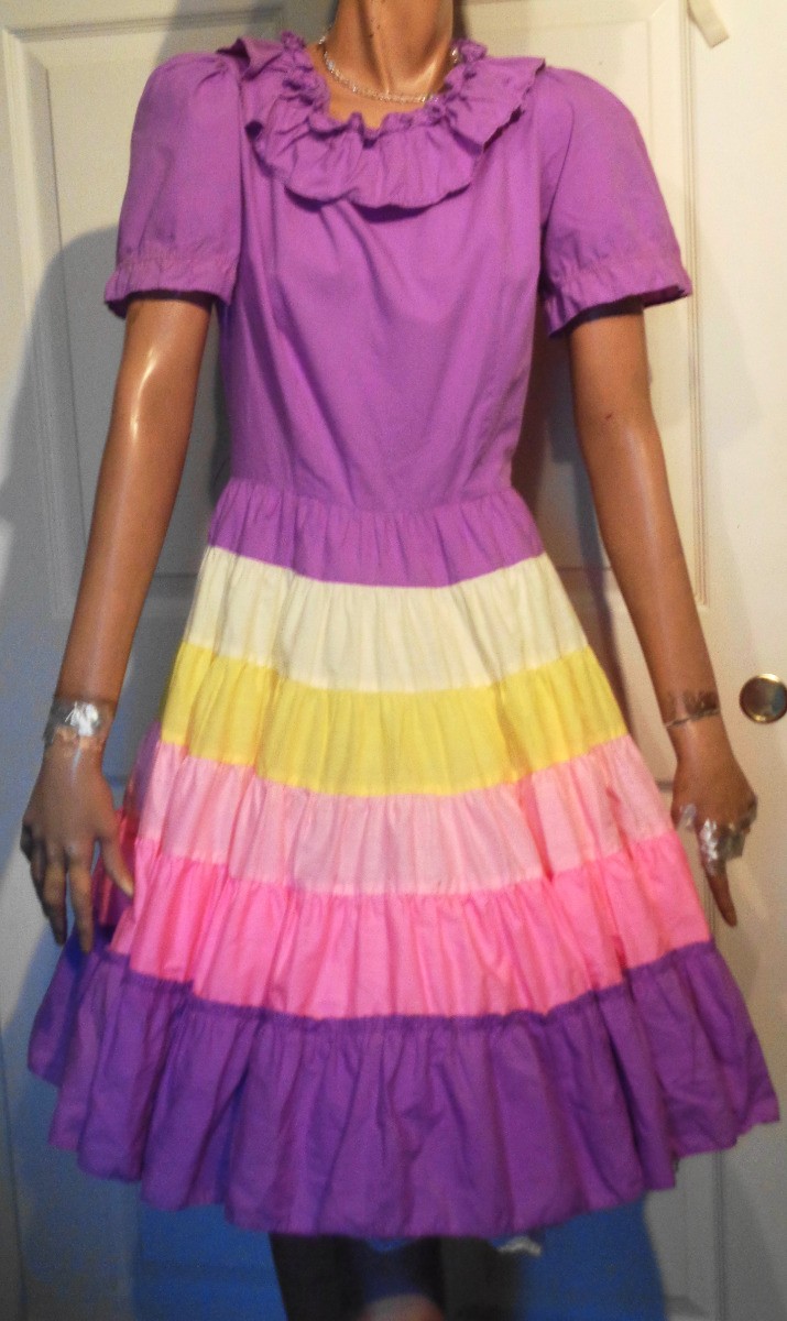 Vintage Pink Purple Yellow Square Dance Dress Ruffled Partners Please B42