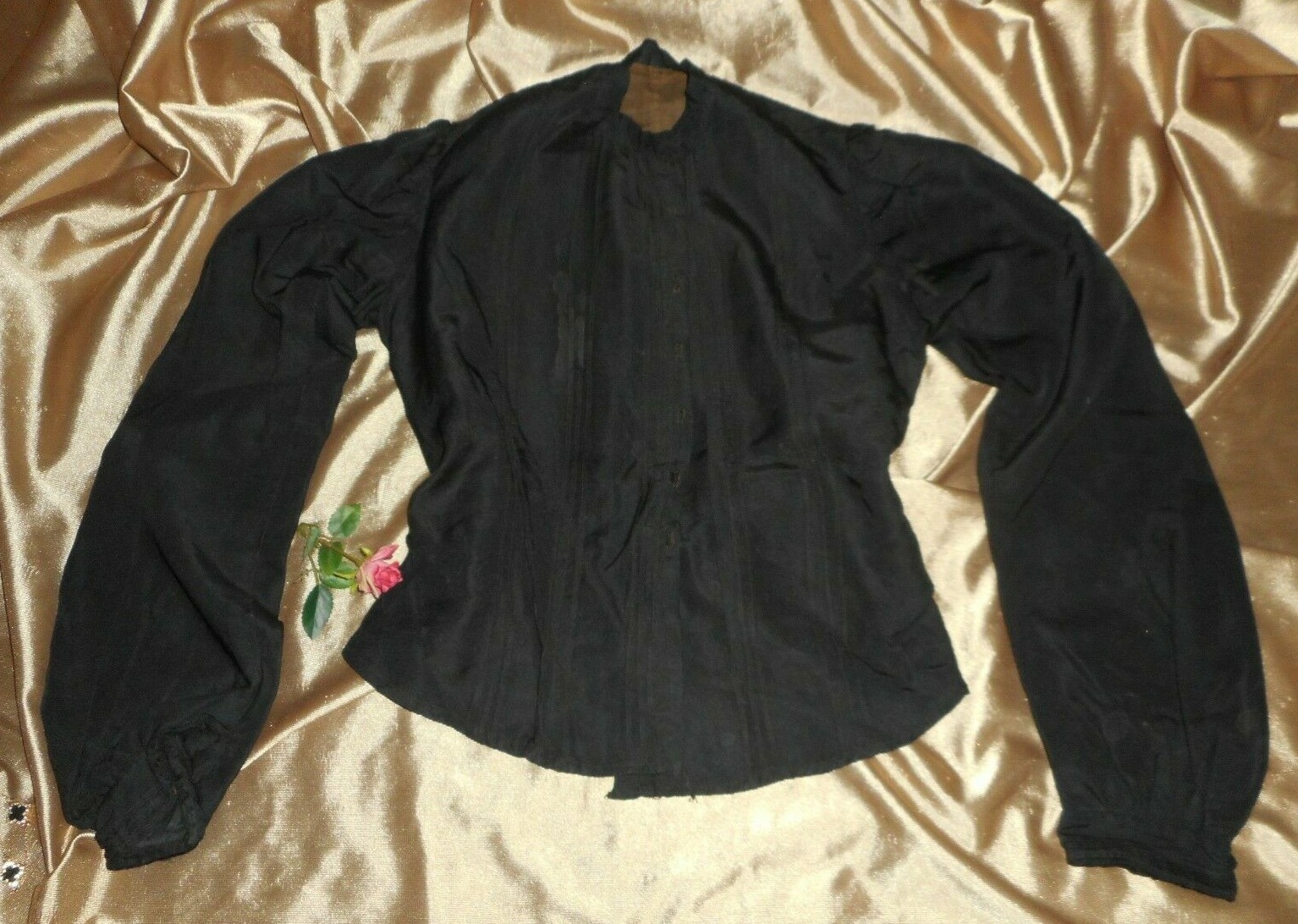 XS Civil War Era Bodice Mourning Jacket Blouse Black Silk 1860’s Fully Lined