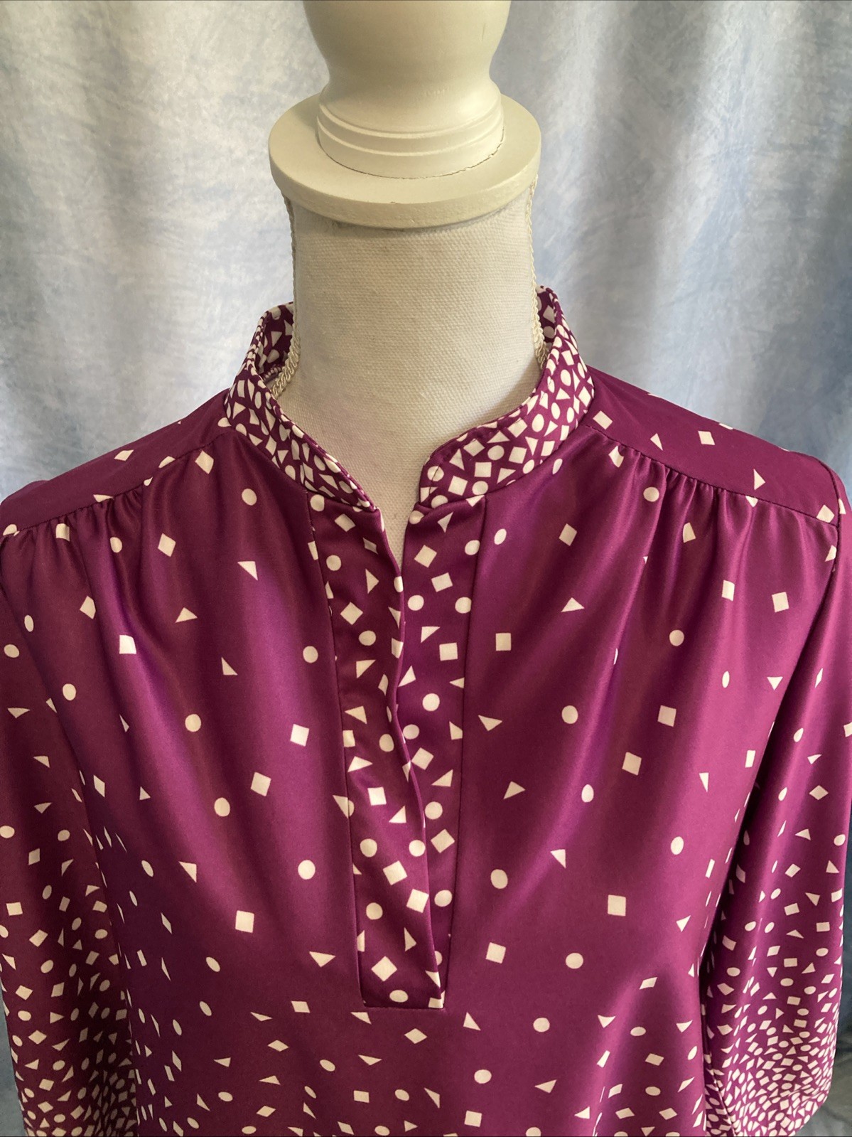 VTG 70s 80s Geometric Confetti Tunic Blouse Magenta Purple Polyester Shirt M L