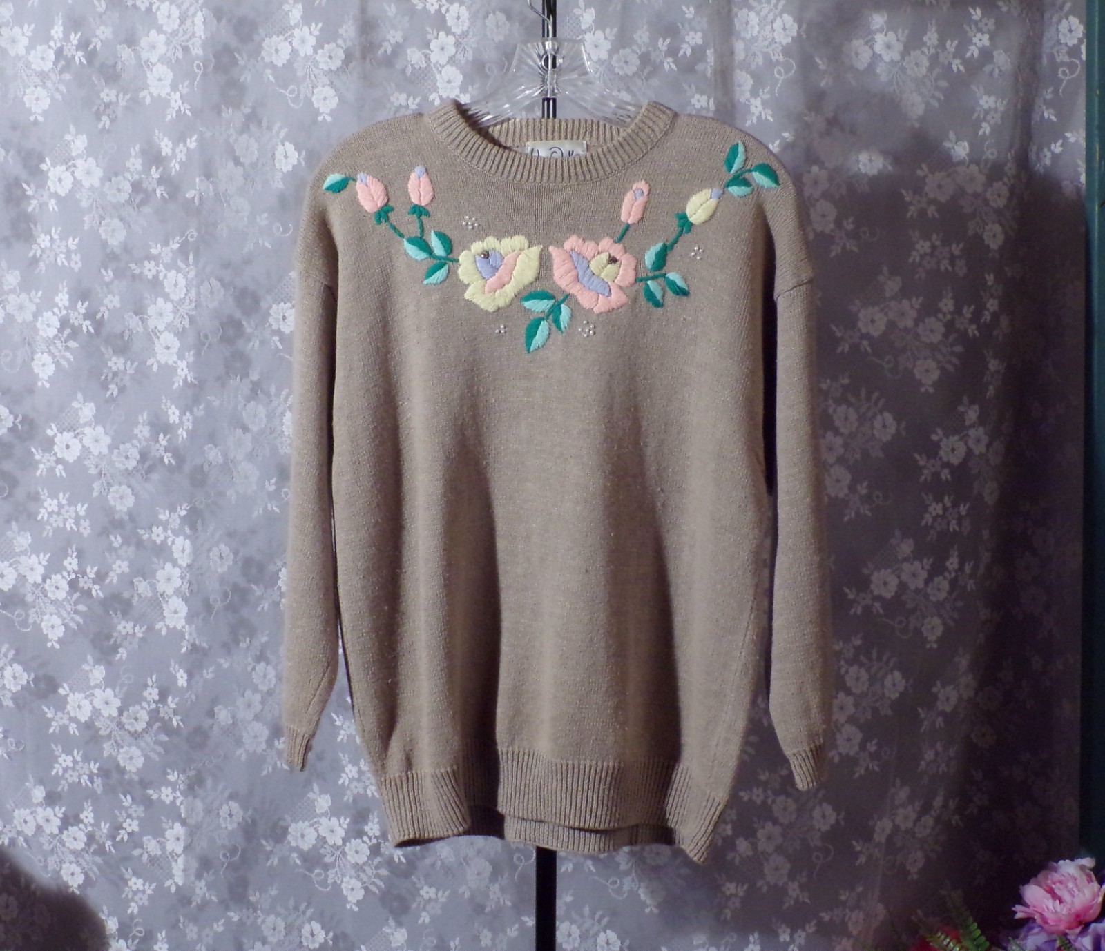 Vintage 90s Floral Sweater Size Large 1990s Retro Boho Hippie Pastel Artsy Cute