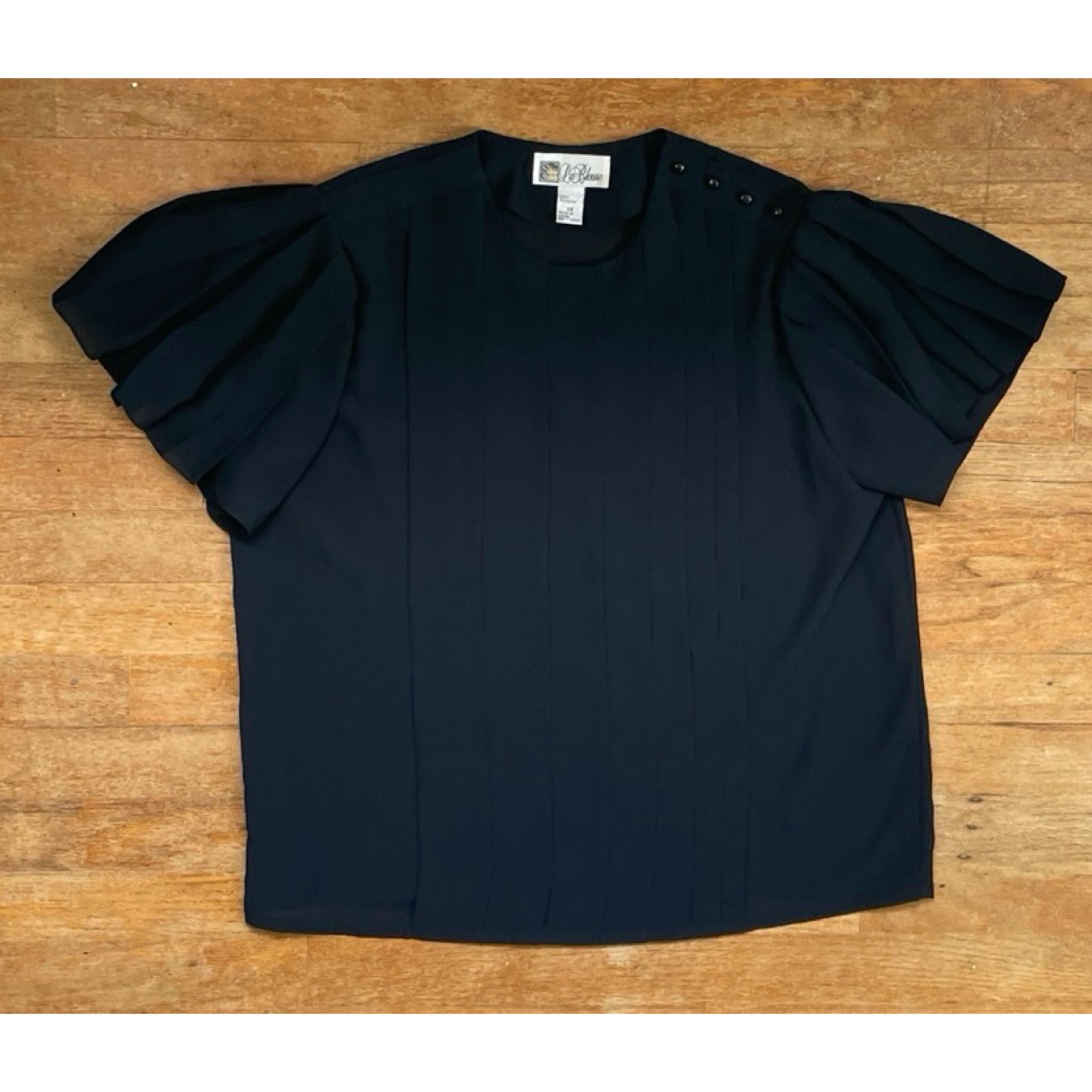 Vintage Pleated Crepe Blouse Size Large 1970s Black Sheer Top Shirt Lightweight