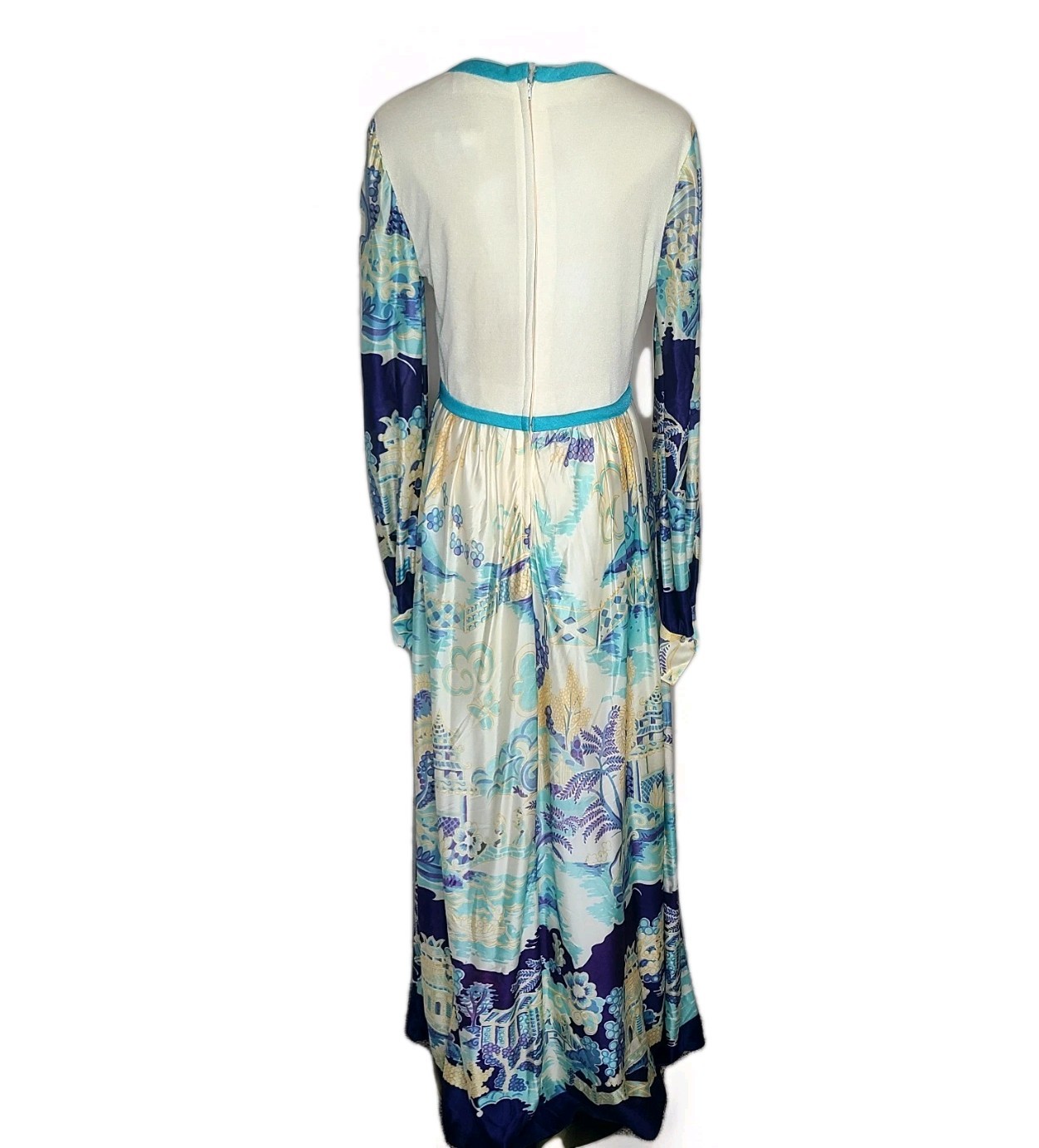Vtg Future Couture New York Hostess Maxi Dress Asian Garden Scene 60s 70s Blue