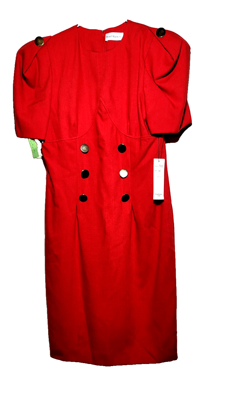Vtg Raul Blanco Dress 12 Deadstock Red Secretary Dress Woven Gold Buttons Classy
