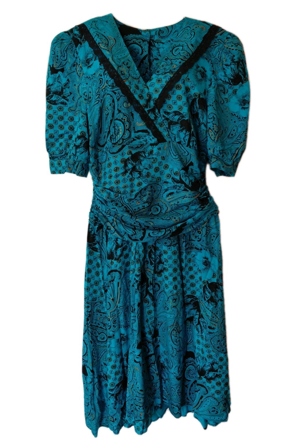 Vintage Milarzo sz 13 80’s turquose black paisley Pleated short sleeve dress.