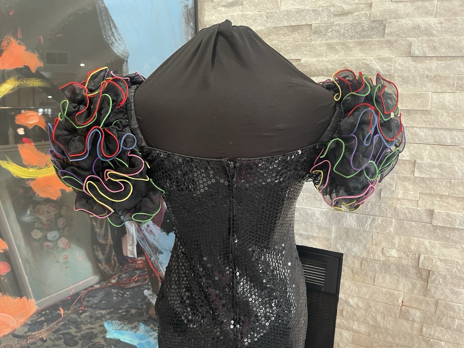 VTG 1980s Black Sequin Colorful Puff Sleeve By Cattiva Size 10 Dynasty