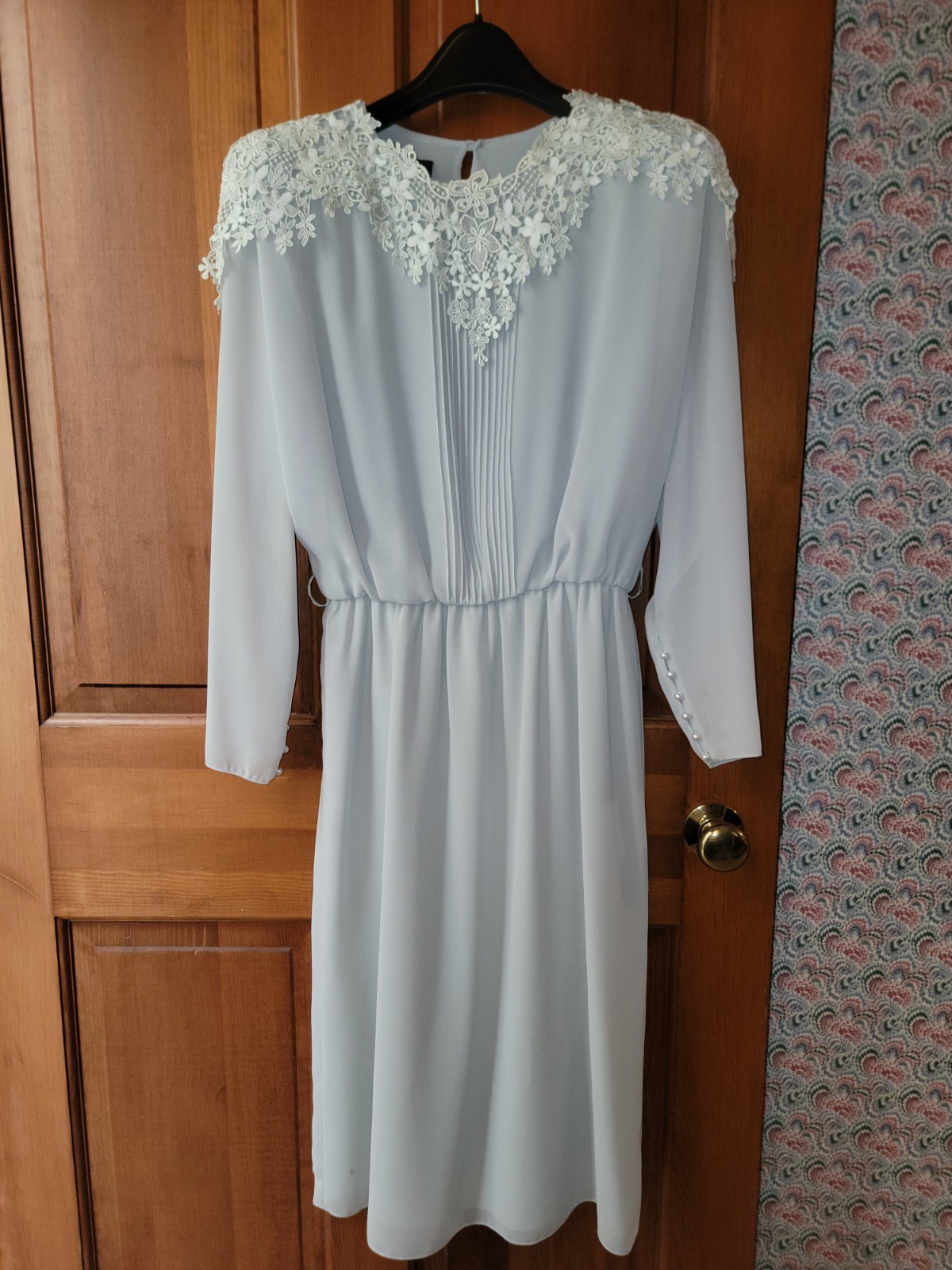 Vintage Ursula of Switzerland Light Blue Lace Dress Pearl Buttons USA Made 13/14