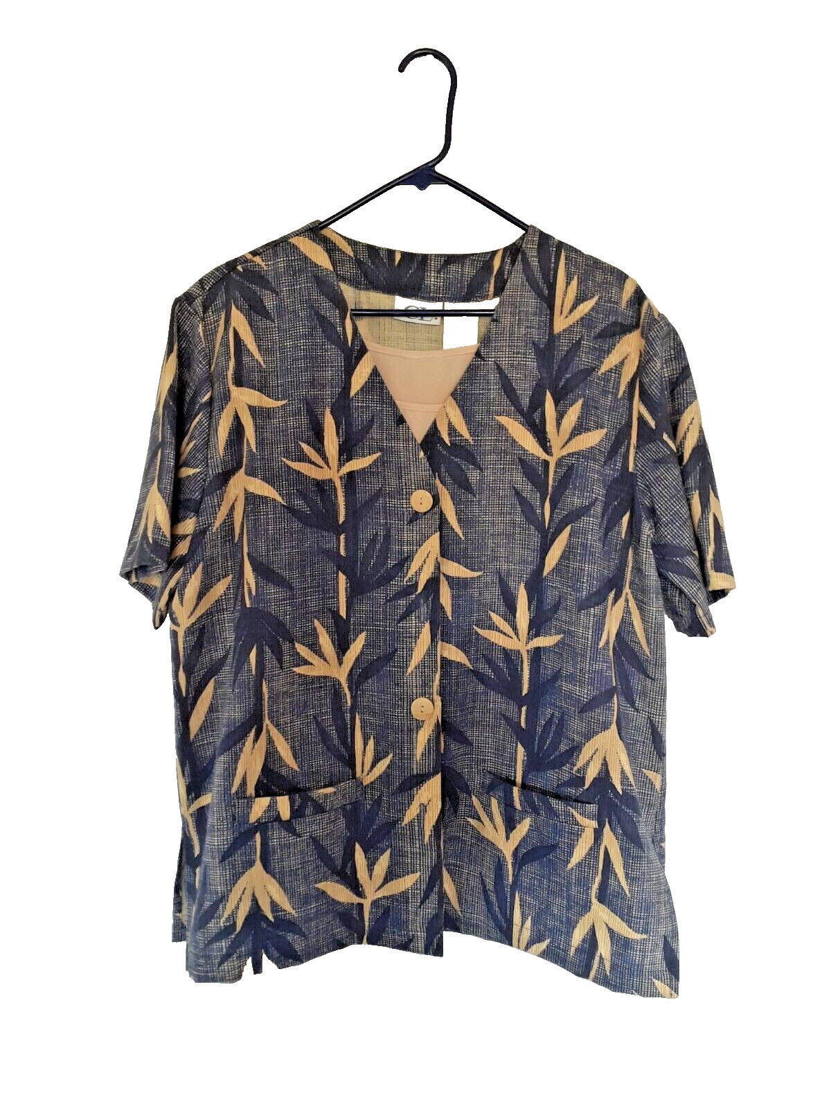 Cricket Lane Women’s Chambray Button Down Blouse with Leaves, Size10, Blue, Tan