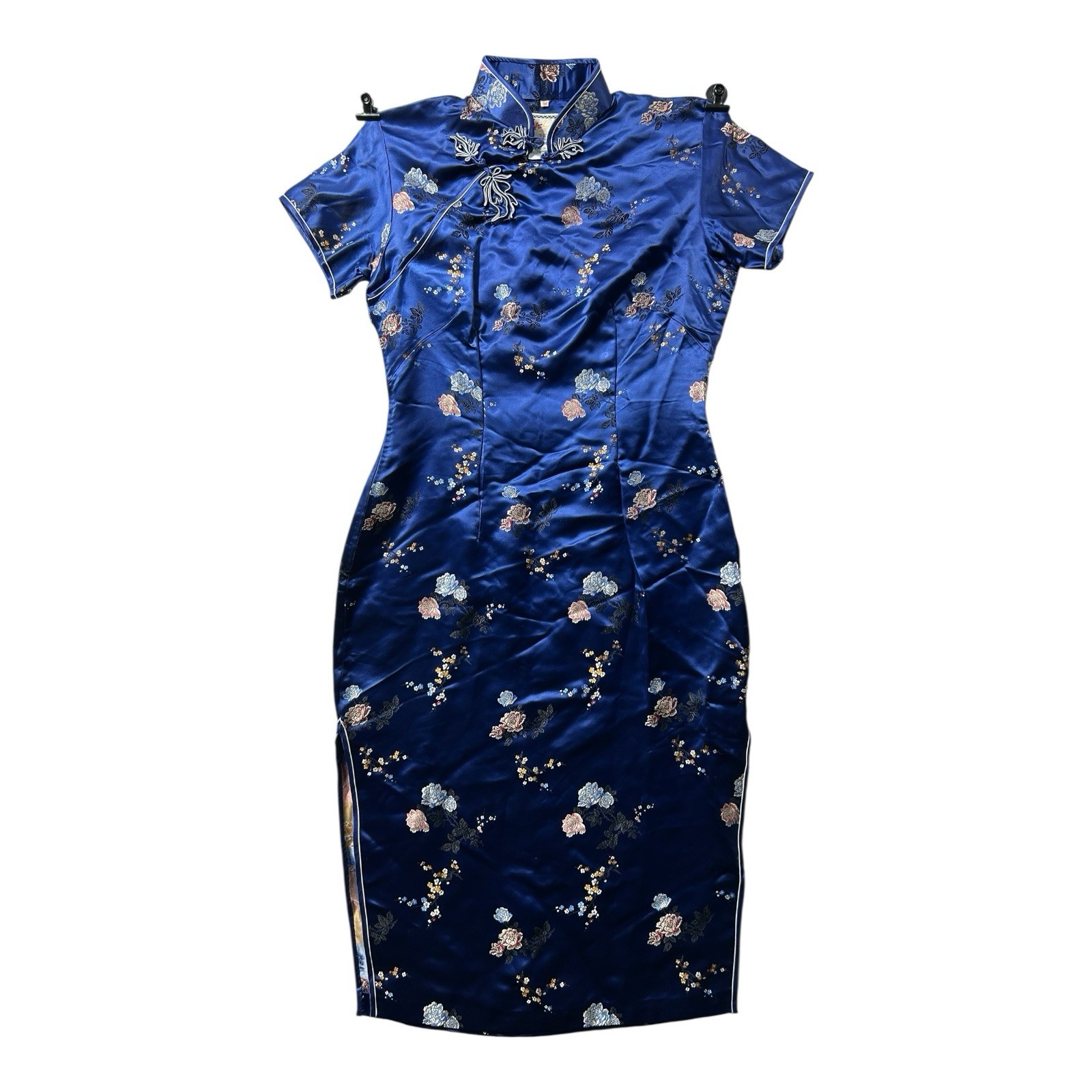 Vintage Solz Squirrel Blue Floral Satin Cheongsam Dress Women’s Size 38