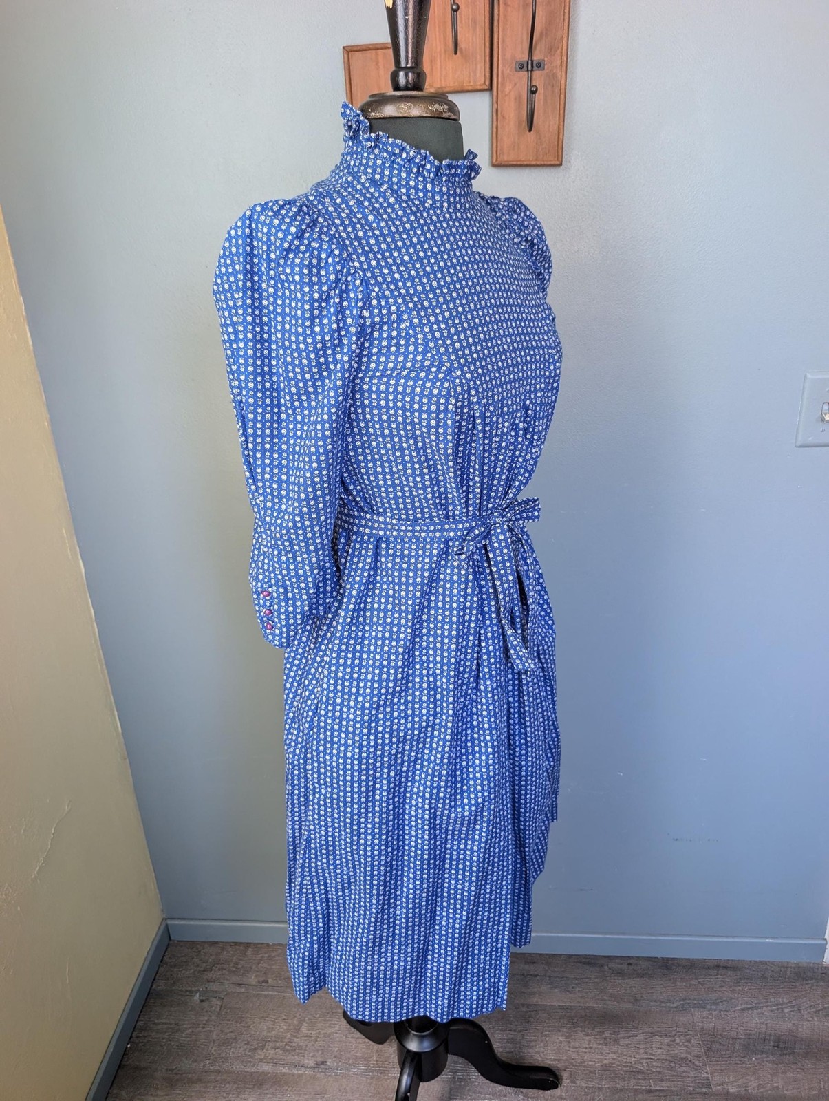 70s Prarie Dress by Robbie Bee; Vintage Blue Calico Cotton Dress