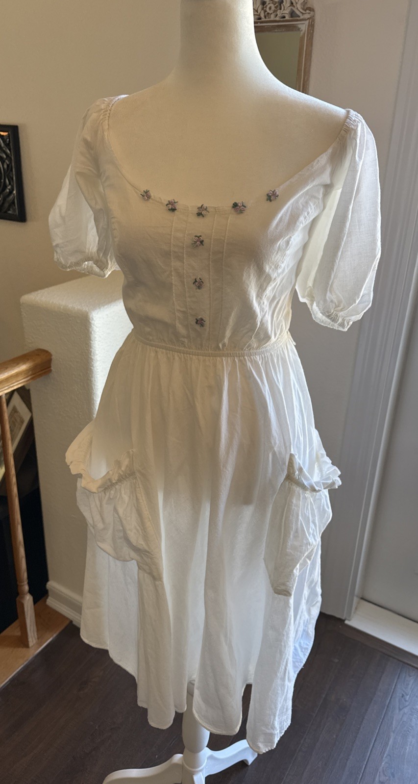 Illusions Vintage Cottage Core Milkmaid White Dress W/ Pockets Back Tie Cotton